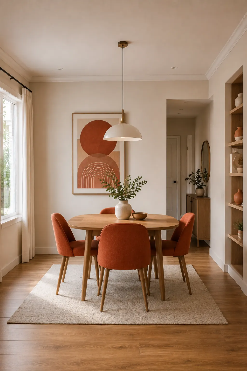 Warm contemporary dining room featuring a compact rounded rectangular light wood dining table, four upholstered dining chairs in rich terracotta and cream tones, a modern white dome pendant light, large terracotta inspired abstract wall artwork, built in open shelving with decorative objects, neutral textured area rug, tall window, warm wood flooring, and cozy modern interior styling.