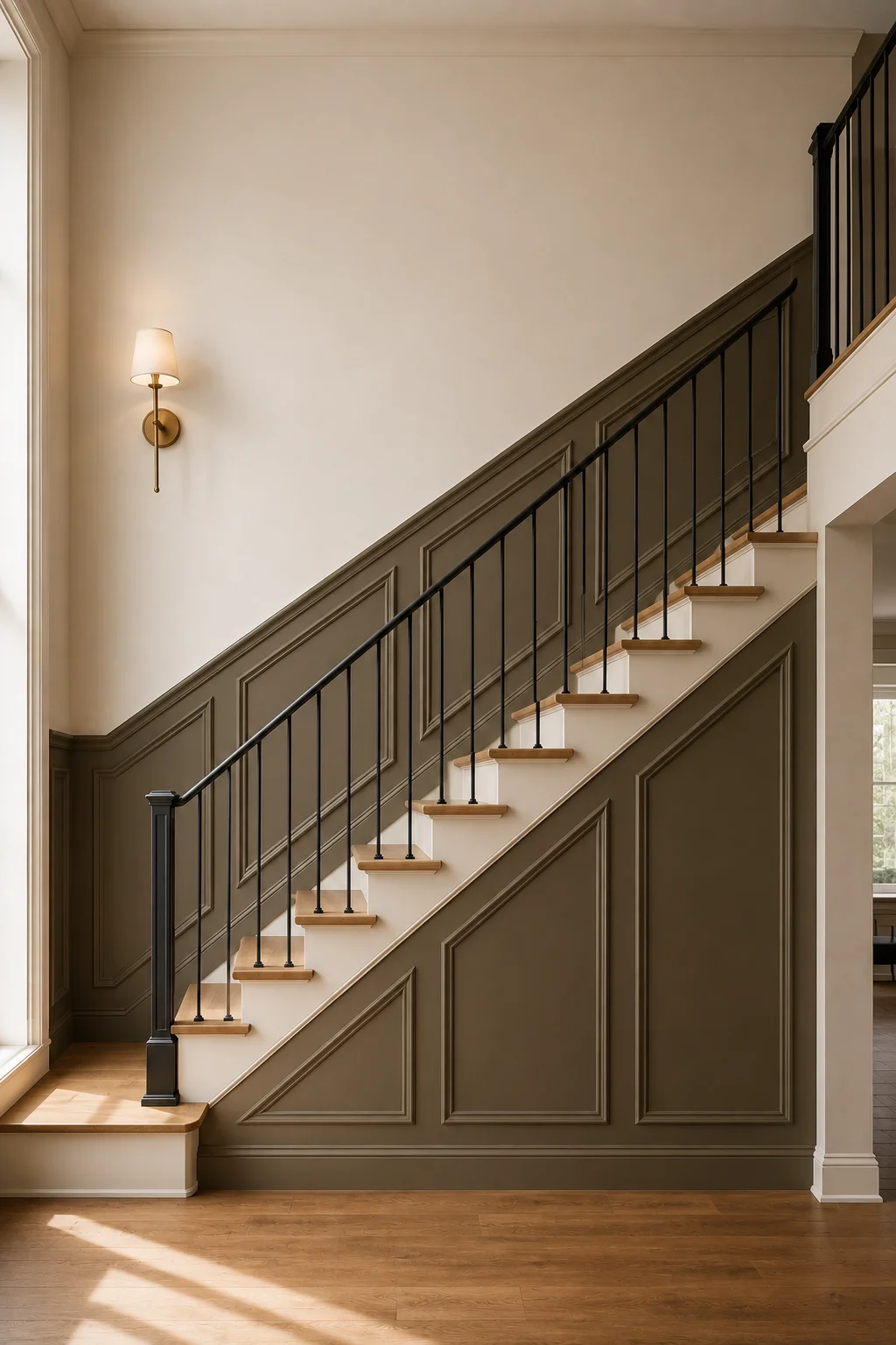 Two tone staircase paneling featuring deep earthy taupe molding along the lower stair wall with a warm cream upper wall, angled decorative panels following the staircase, natural oak treads, black metal railing, and a brass wall sconce for an elegant layered interior.