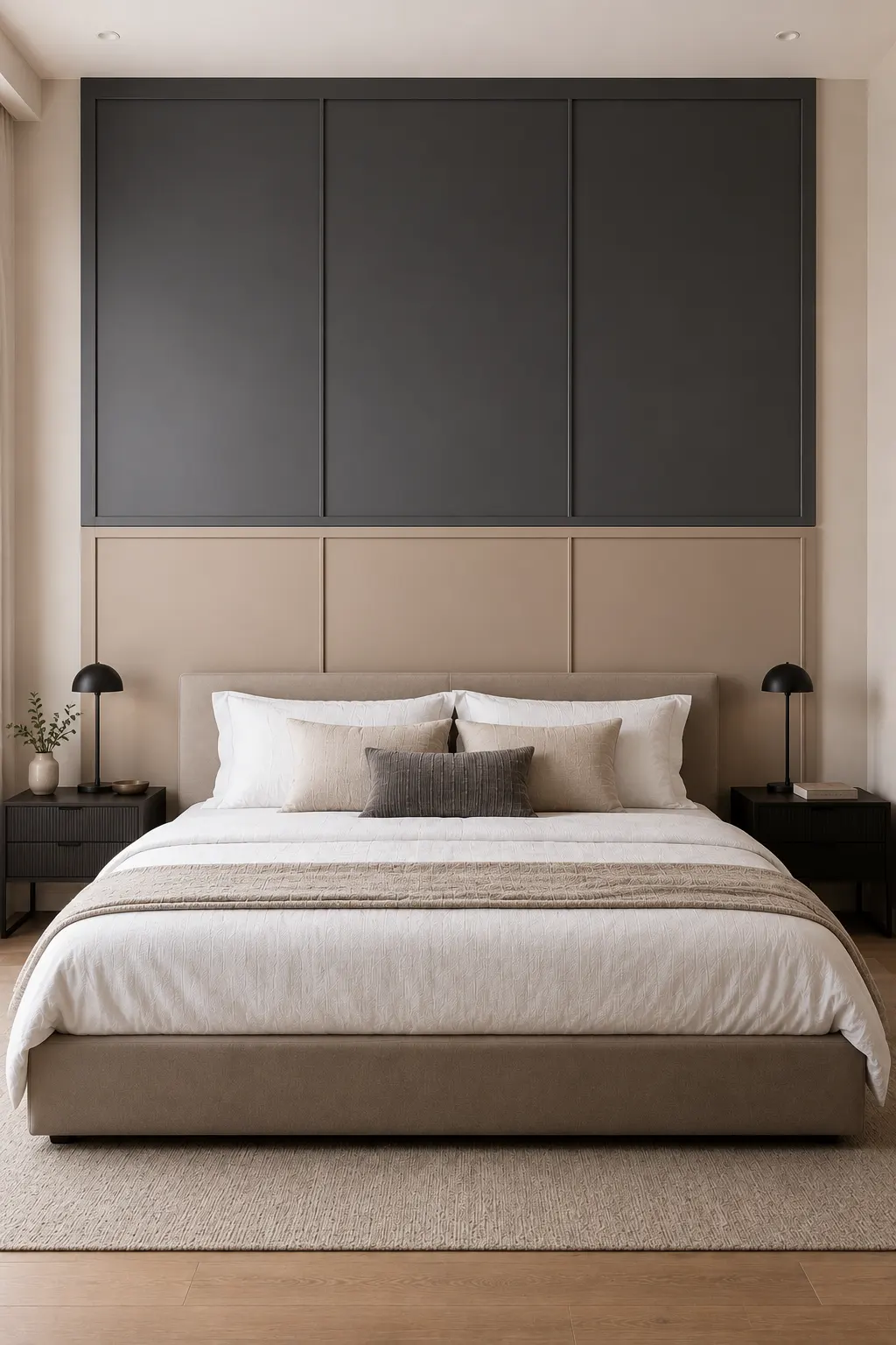 Sophisticated two-tone DIY headboard wall featuring precisely aligned rectangular MDF panels arranged in two horizontal sections behind a modern upholstered bed. The upper section uses a deep matte charcoal finish while the lower section features a warm beige and taupe tone, separated by clean recessed seams that create architectural depth. The large panel installation extends wider than the mattress and rises high above the pillows, creating a dramatic contemporary focal point. The bedroom includes a neutral upholstered bed, crisp white bedding, layered beige and gray pillows, a textured accent cushion, slim black nightstands, matching black dome table lamps, subtle decorative objects, light walls, natural wood flooring, and a neutral rug. The entire two-tone headboard is captured straight on with all panel edges and proportions clearly visible.