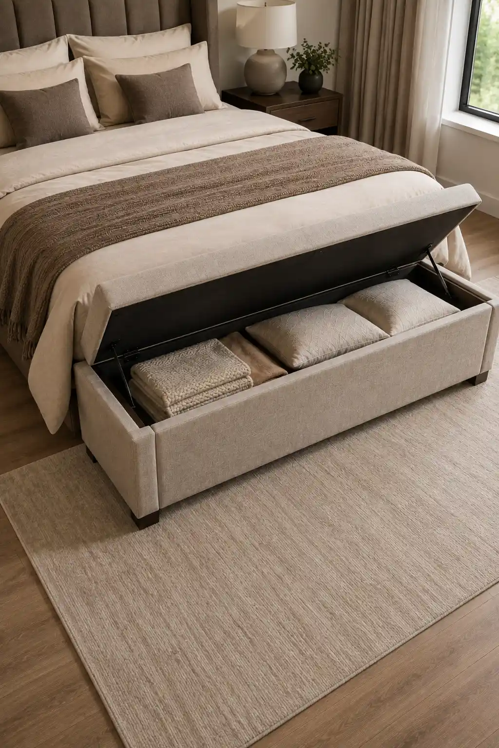 Modern bedroom featuring a contemporary upholstered hydraulic lift-up storage bed with the mattress platform raised to reveal a large hidden compartment underneath. The spacious storage area contains folded blankets, pillows, quilts, and seasonal bedding, showing a practical hidden storage solution for maximizing space in a small bedroom.