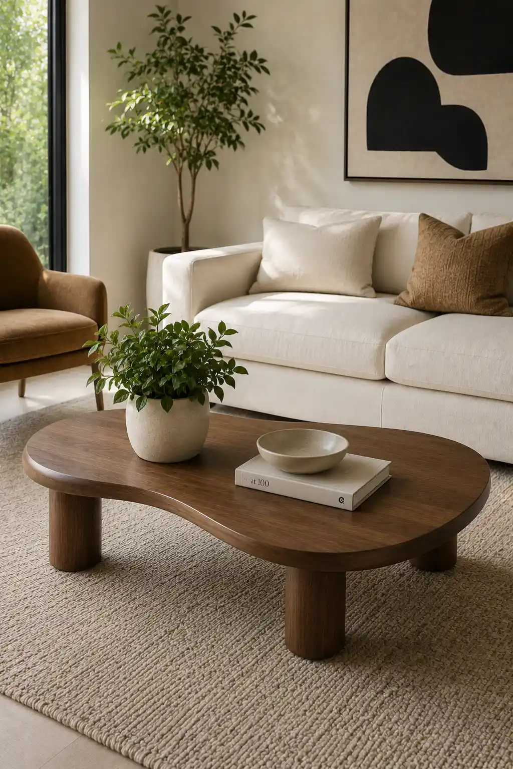 Rounded walnut coffee table decorated with a full leafy green plant in a textured cream ceramic planter, a low neutral ceramic bowl, and a single oversized coffee table book in a warm contemporary living room with cream seating, a textured neutral rug, modern artwork, natural wood accents, and soft daylight.