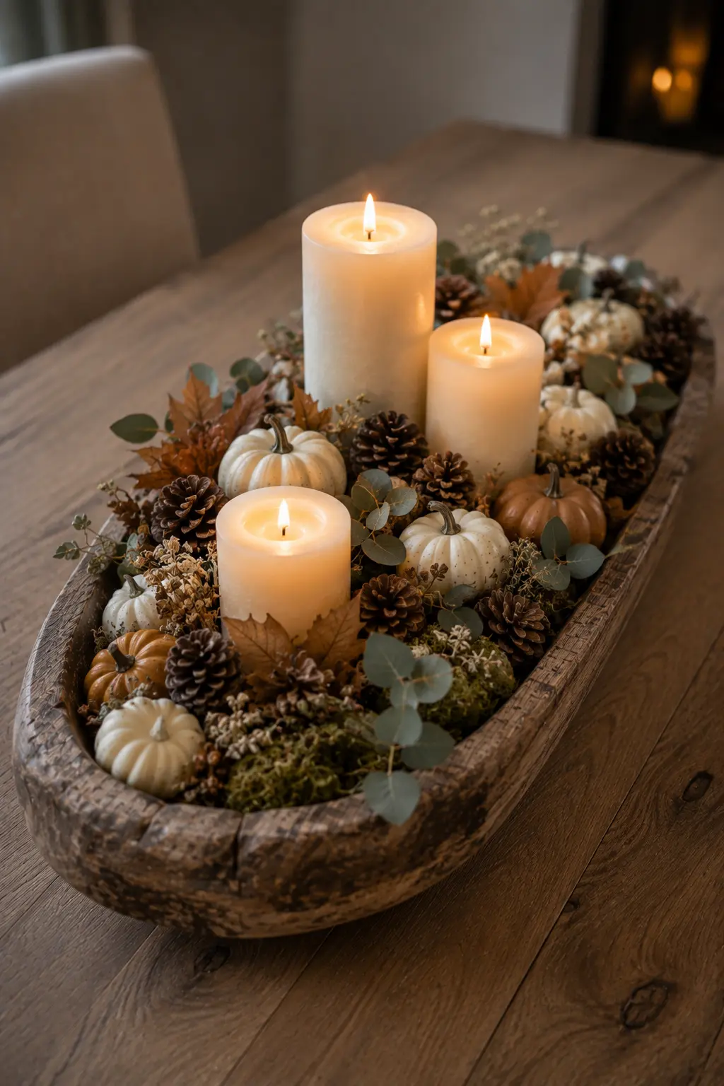 Weathered natural wood dough bowl arranged with three warm ivory pillar candles at staggered heights, surrounded by neutral white and beige pumpkins, eucalyptus leaves, dried flowers, pinecones, soft green moss, and subtle autumn foliage, creating an elegant cozy fall centerpiece for a wooden dining table.