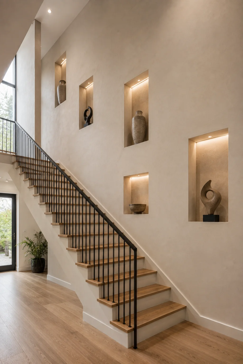 Contemporary staircase wall featuring multiple recessed architectural display niches in different sizes, each illuminated with warm integrated lighting and styled with sculptural ceramic vases, textured pottery, and minimalist decorative objects. The soft beige plaster wall, natural oak staircase, black railing, and warm niche lighting create a sophisticated custom built-in look.