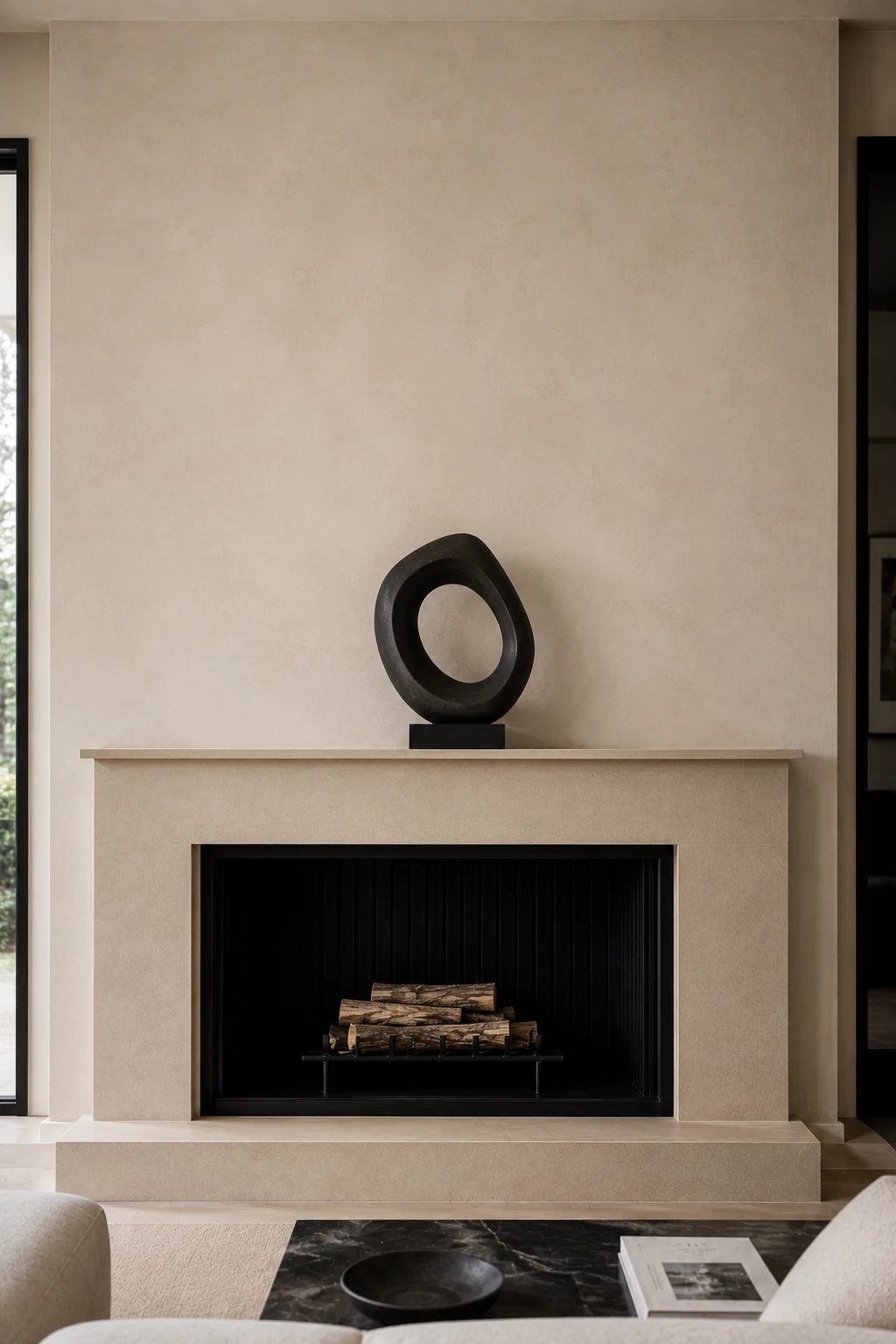 Minimalist warm beige fireplace mantel featuring a single bold black sculptural ring object centered on the mantel as the main decorative focal point. The fireplace has a smooth contemporary plaster surround, a wide black firebox with natural stacked logs, and a simple architectural hearth. Soft neutral walls, cream upholstered seating, a textured light rug, and a dark marble-look coffee table create a sophisticated modern living room with restrained fireplace decor and clean contemporary styling.
