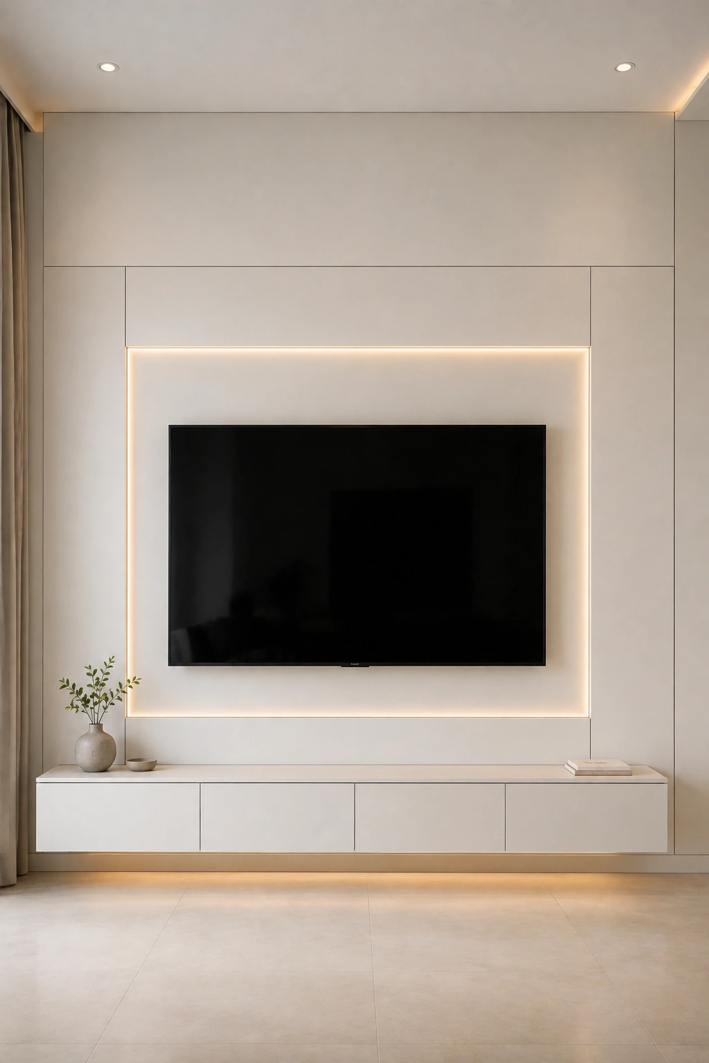 Minimal modern white TV wall featuring a large black flat screen television centered within a clean recessed rectangular architectural frame, warm white wall panels with precise shadow gaps, long white floating media console with handleless cabinetry, subtle warm LED illumination, soft ivory finishes, simple ceramic décor, realistic construction details, and elegant contemporary living room styling.