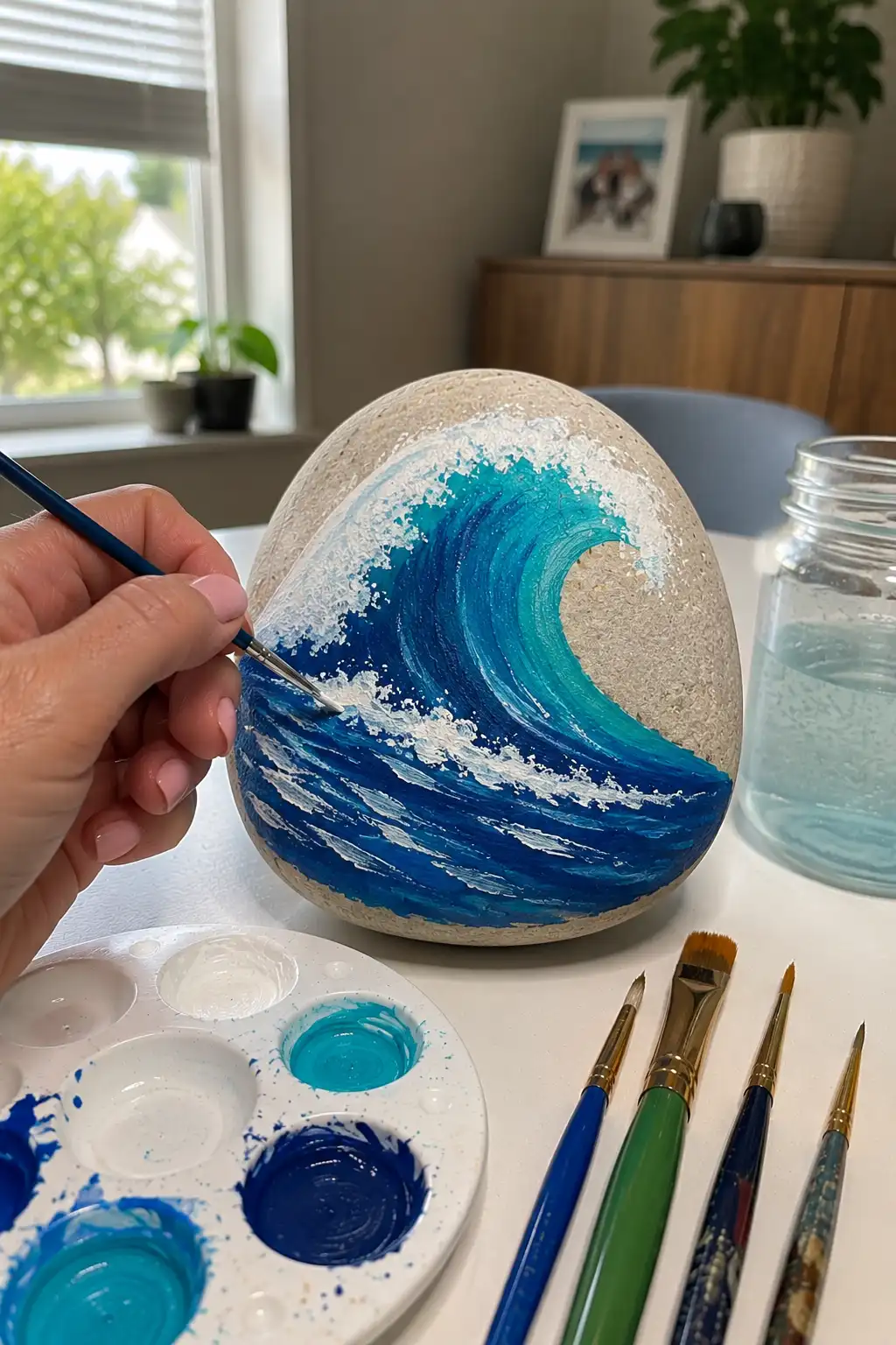 Ocean wave rock painting featuring a dramatic curling wave in deep navy blue, bright turquoise, and layered blue shades with white foamy highlights across a smooth rounded stone, while a hand paints the wave with a fine brush beside blue acrylic paints, brushes, and a water jar in a naturally lit home craft room.