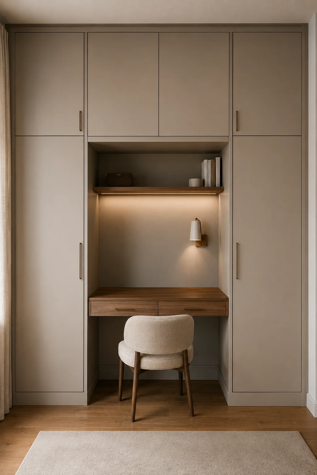 Stylish cream IKEA closet wall combining tall paneled wardrobes with a recessed built-in bedroom workspace, warm wood desktop, two practical drawers, illuminated open shelf, decorative books and accessories, upholstered wooden chair, brass cabinet hardware, neutral walls, natural wood flooring, and a soft beige rug for a functional bedroom office nook.