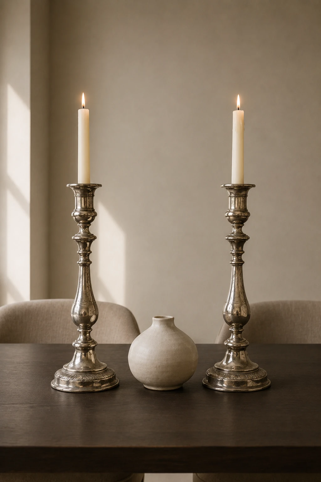 Pair of antique silver candlesticks with tall ivory taper candles arranged symmetrically on a dark modern dining table, with a simple neutral ceramic vase between them in a sophisticated contemporary dining room.