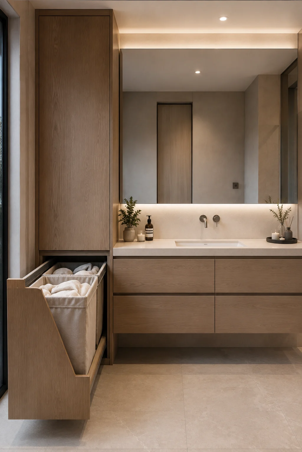 Modern bathroom laundry storage featuring a concealed pullout hamper integrated into tall wood cabinetry beside a floating vanity, with divided fabric laundry compartments for keeping used towels and clothing neatly hidden from view.