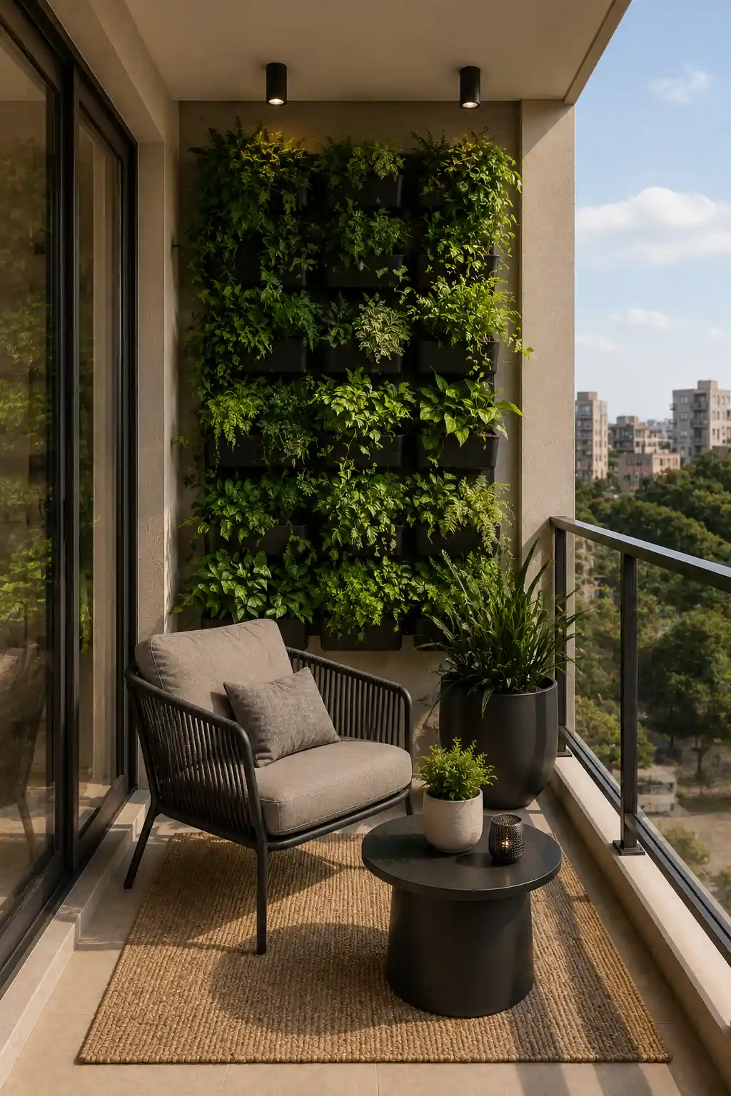 Modern apartment balcony featuring a dramatic vertical garden wall filled with layered green plants in structured black planters. A contemporary dark woven lounge chair with beige cushions, a round black coffee table, neutral outdoor rug, and large planter complete the stylish urban balcony design while keeping the greenery as the dominant feature.