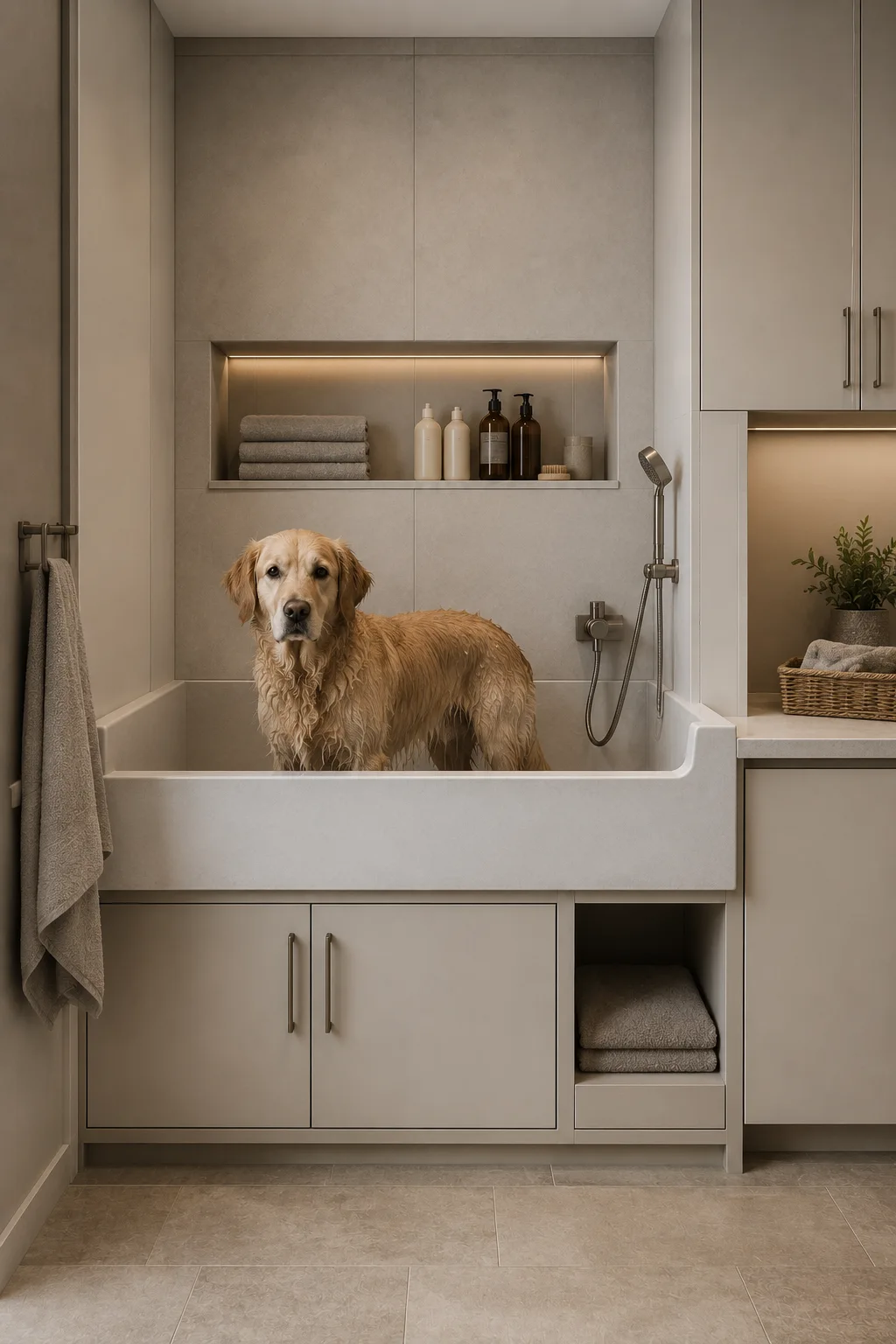 Modern built in dog wash station inside a compact utility room, featuring a raised deep washing basin with a golden retriever standing inside, handheld shower fixture, recessed wall niche with folded towels and dog shampoos, cream cabinetry, closed storage drawers, warm lighting, durable easy clean surfaces, and a sophisticated contemporary pet care area.