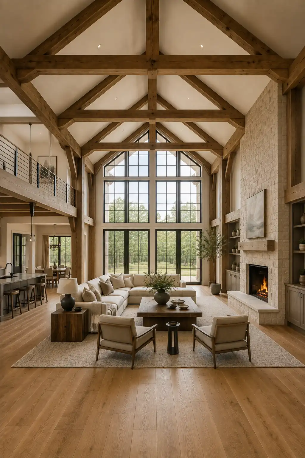 Double height modern rustic great room with substantial exposed timber framing, repeated wood trusses, vertical posts, soaring vaulted ceilings, floor to ceiling black framed windows, a tall stone fireplace, cream sectional seating, and warm oak floors.