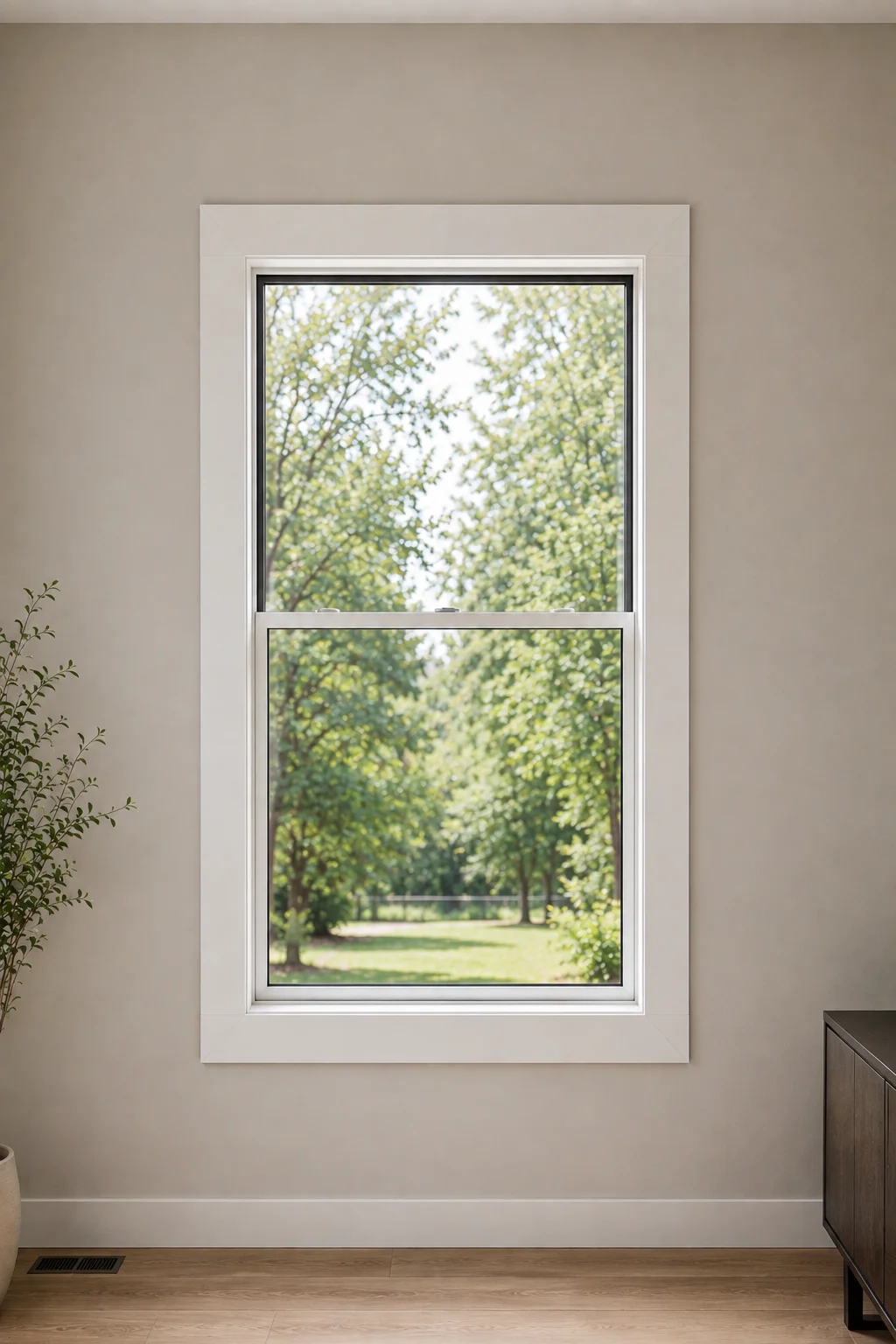 Picture frame window trim featuring wide flat white casing evenly surrounding a tall rectangular window against a warm neutral wall. The balanced four sided border creates a crisp architectural outline with clean corners, offering timeless window casing inspiration for a refined contemporary interior.
