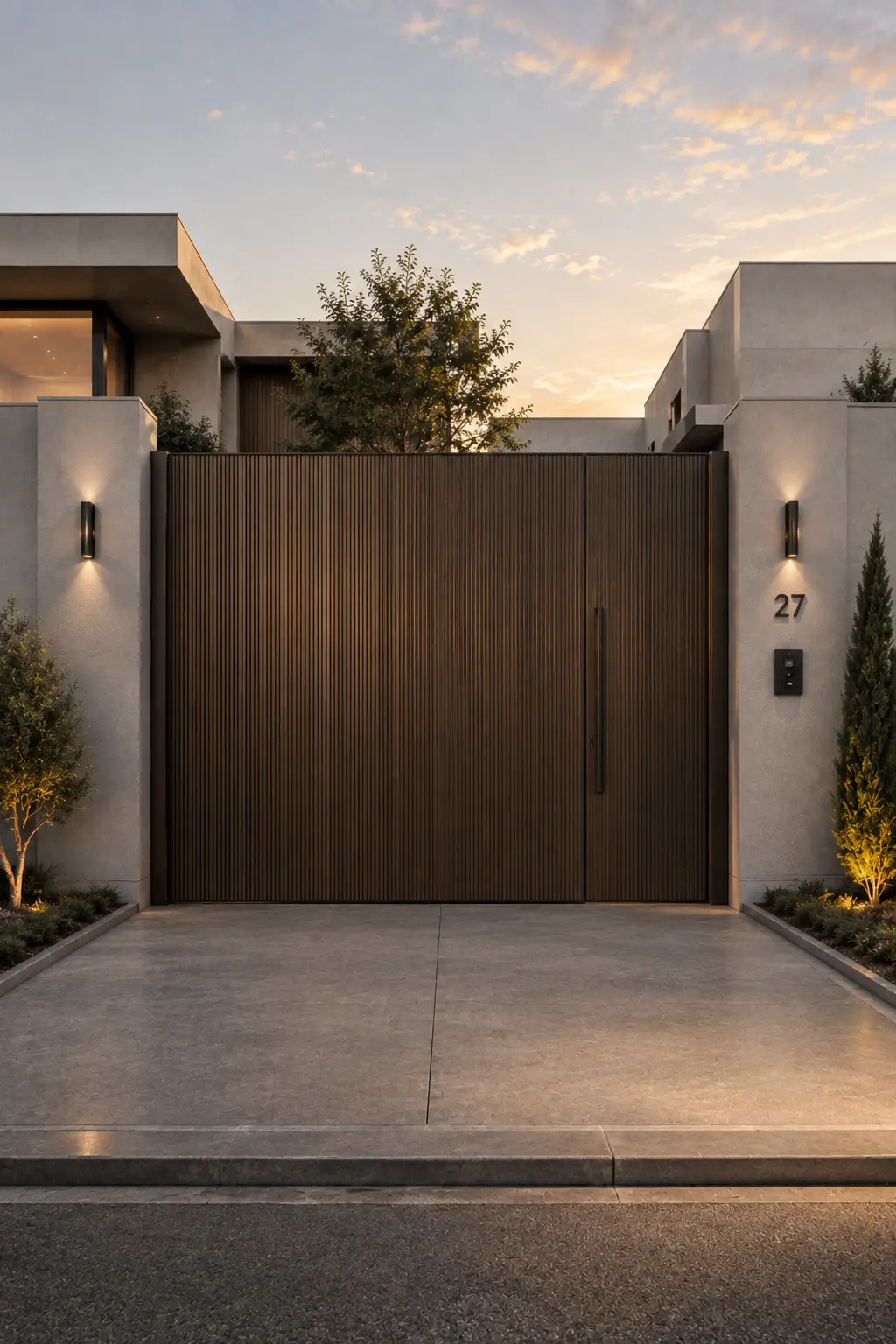Luxury modern entrance gate design featuring finely ribbed bronze metal panels, a warm muted metallic finish, tall seamless privacy panels, integrated pedestrian access, slim black hardware, soft wall lighting, light neutral boundary walls, landscaped edges, and a clean driveway for a refined contemporary exterior.
