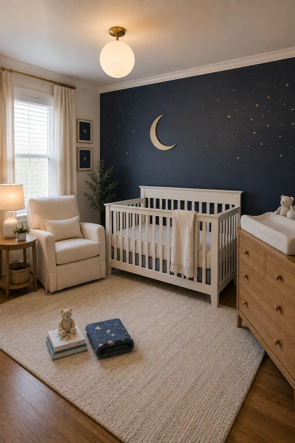 Dreamy baby boy nursery with a deep navy blue celestial accent wall, scattered gold stars, large metallic crescent moon above a white crib, natural wood changing dresser, cream nursing chair, ivory curtains, textured cream rug, star patterned blue blanket, warm lighting, and subtle moon and stars nursery decor.