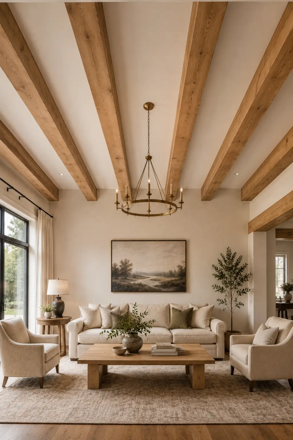 Refined farmhouse living room featuring natural oak ceiling beams across a high cream ceiling, aged brass statement chandelier, cream sofa and accent chairs, substantial oak coffee table, muted green pillows, neutral patterned rug, oversized landscape artwork, tall windows, and simple greenery.