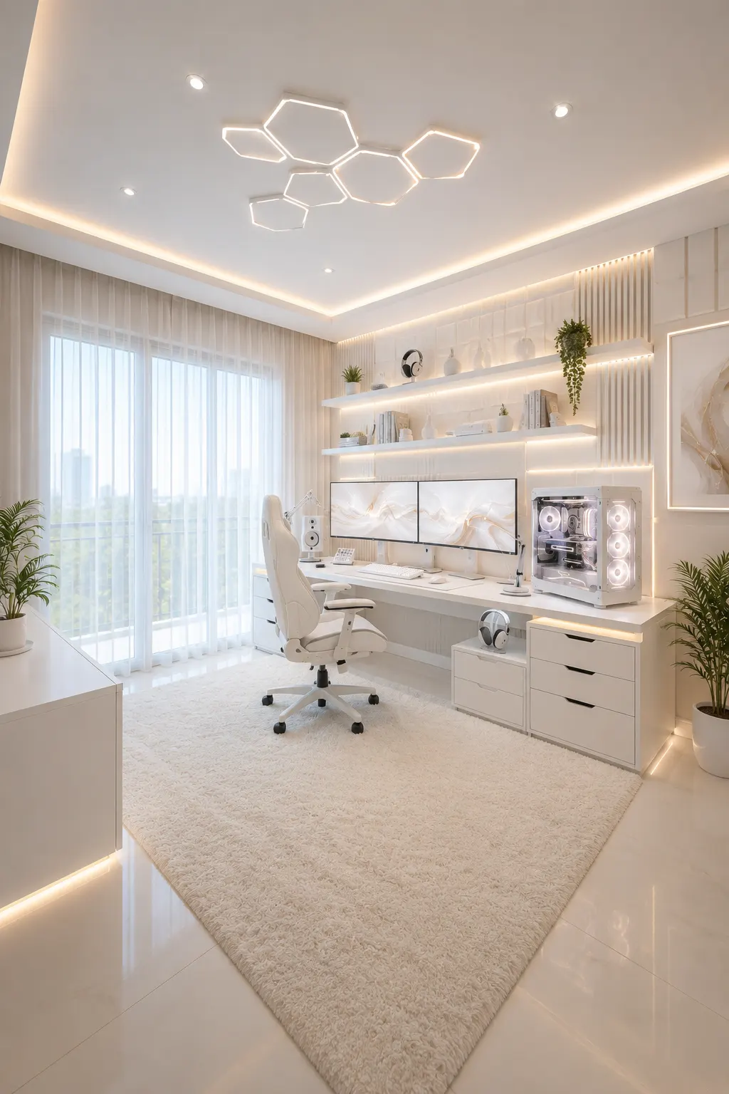 Bright all white gaming room featuring a clean dual monitor gaming setup, white gaming desk, ergonomic white chair, illuminated white PC, floating shelves, built in storage, geometric ceiling lights, warm LED accents, indoor plants, large white rug, and floor to ceiling windows.