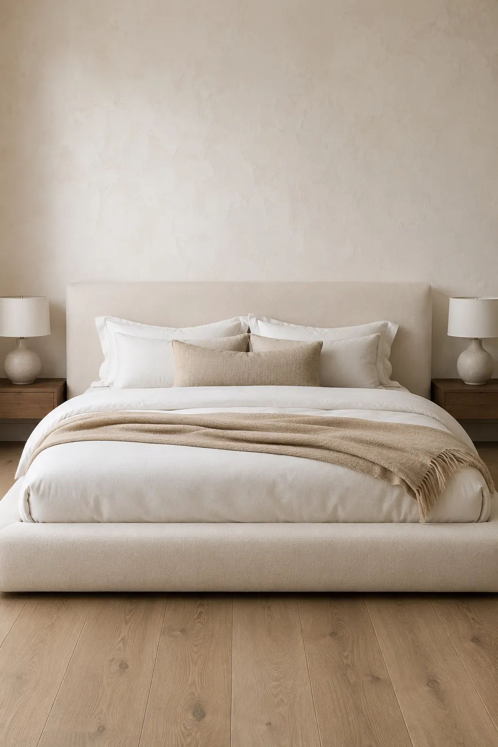 Low upholstered platform bed featuring a wide padded ivory headboard, softly rounded cushioned base, crisp white bedding, neutral beige throw and lumbar pillow, warm wood nightstands, ceramic lamps, and light oak flooring in a clean modern bedroom.