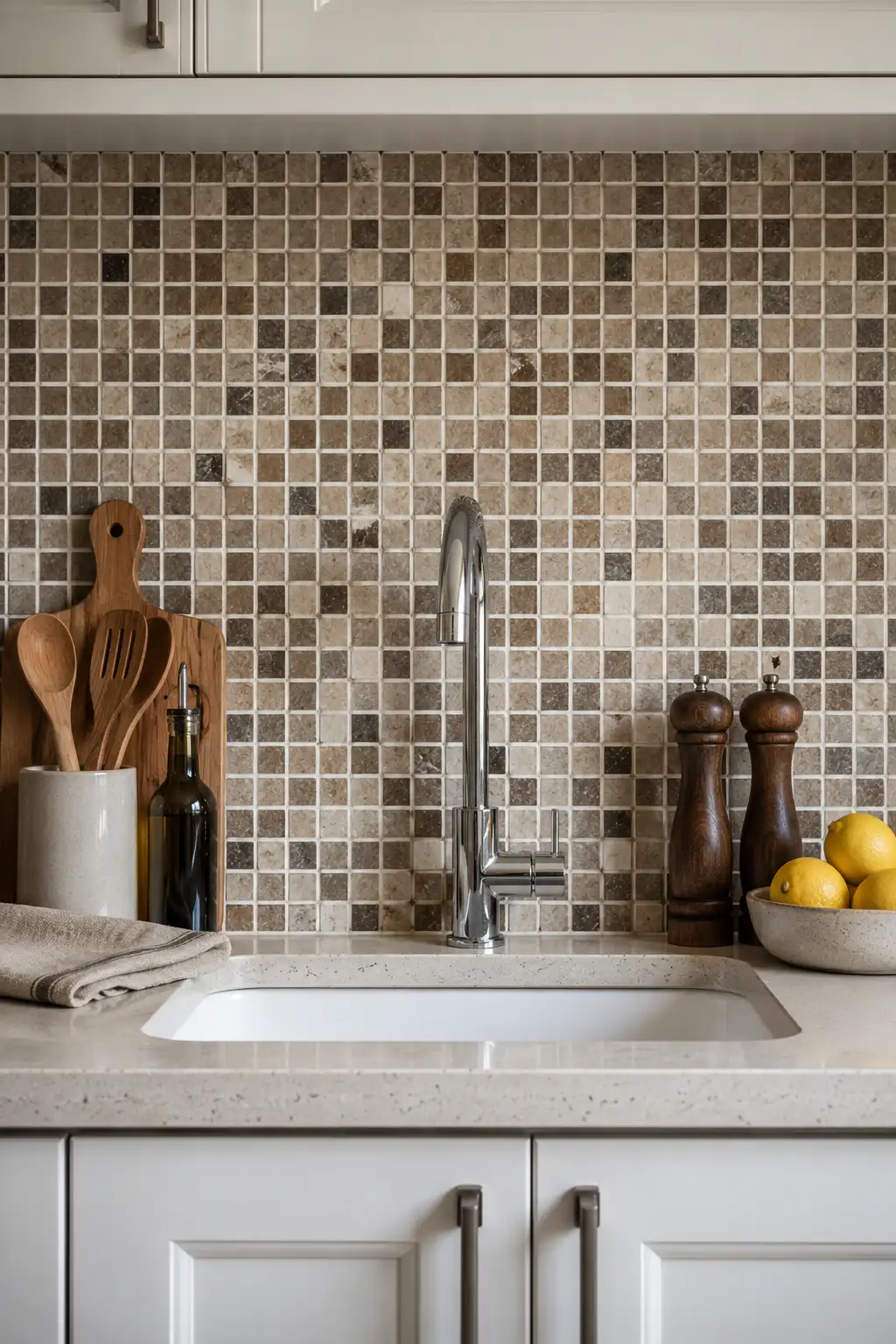 Outdated kitchen backsplash covered with tiny beige, cream, brown, and gray mosaic tiles behind a white countertop and chrome faucet, showing how small mosaic backsplash tiles and numerous grout lines can make a kitchen look visually busy and dated.