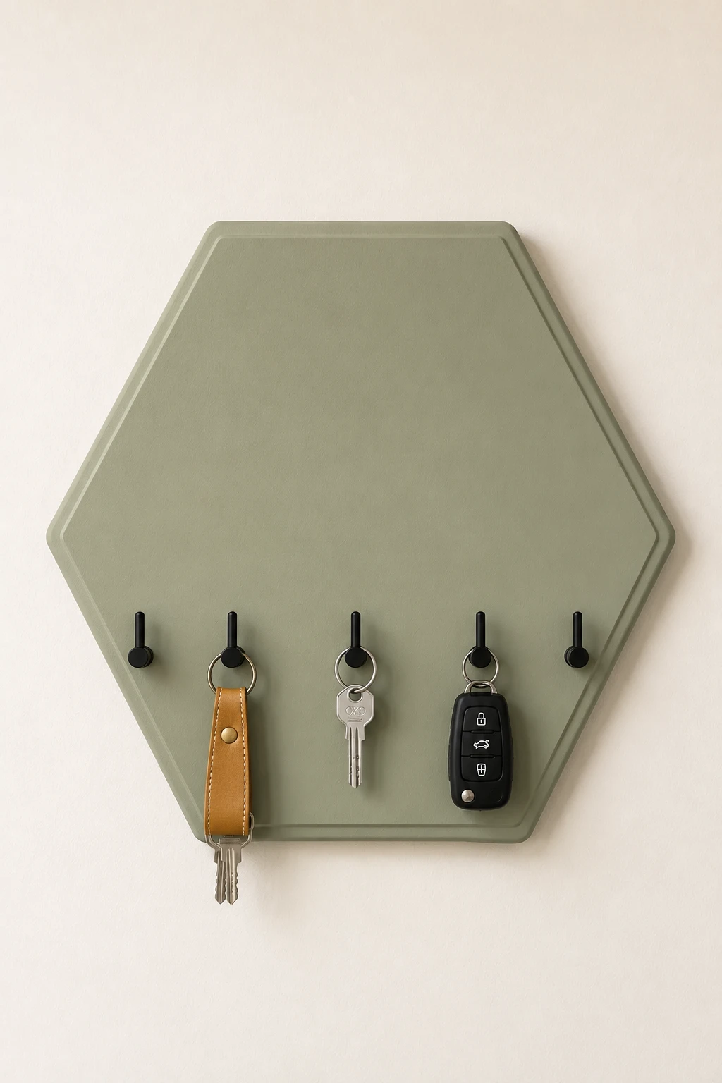 Geometric hexagon DIY key holder painted in muted sage green with a subtle raised border, sleek black hooks, leather keychain, house keys, and car keys, creating a modern wall organizer for a clean and stylish entryway.