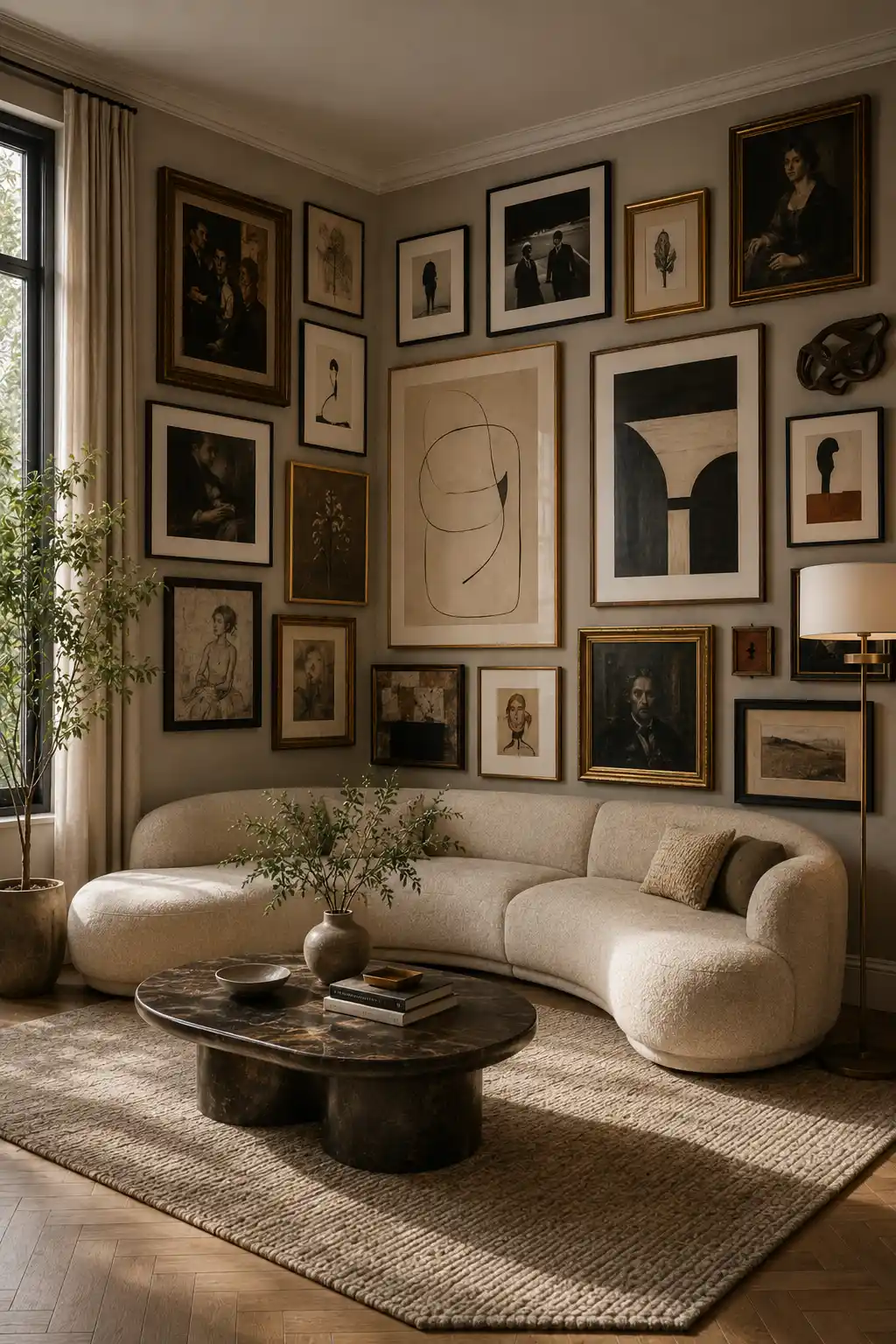 Stylish contemporary living room featuring a collected corner gallery wall with mixed black, dark wood, and gold frames displaying portraits, abstract artwork, sketches, and photography above a curved neutral sofa.