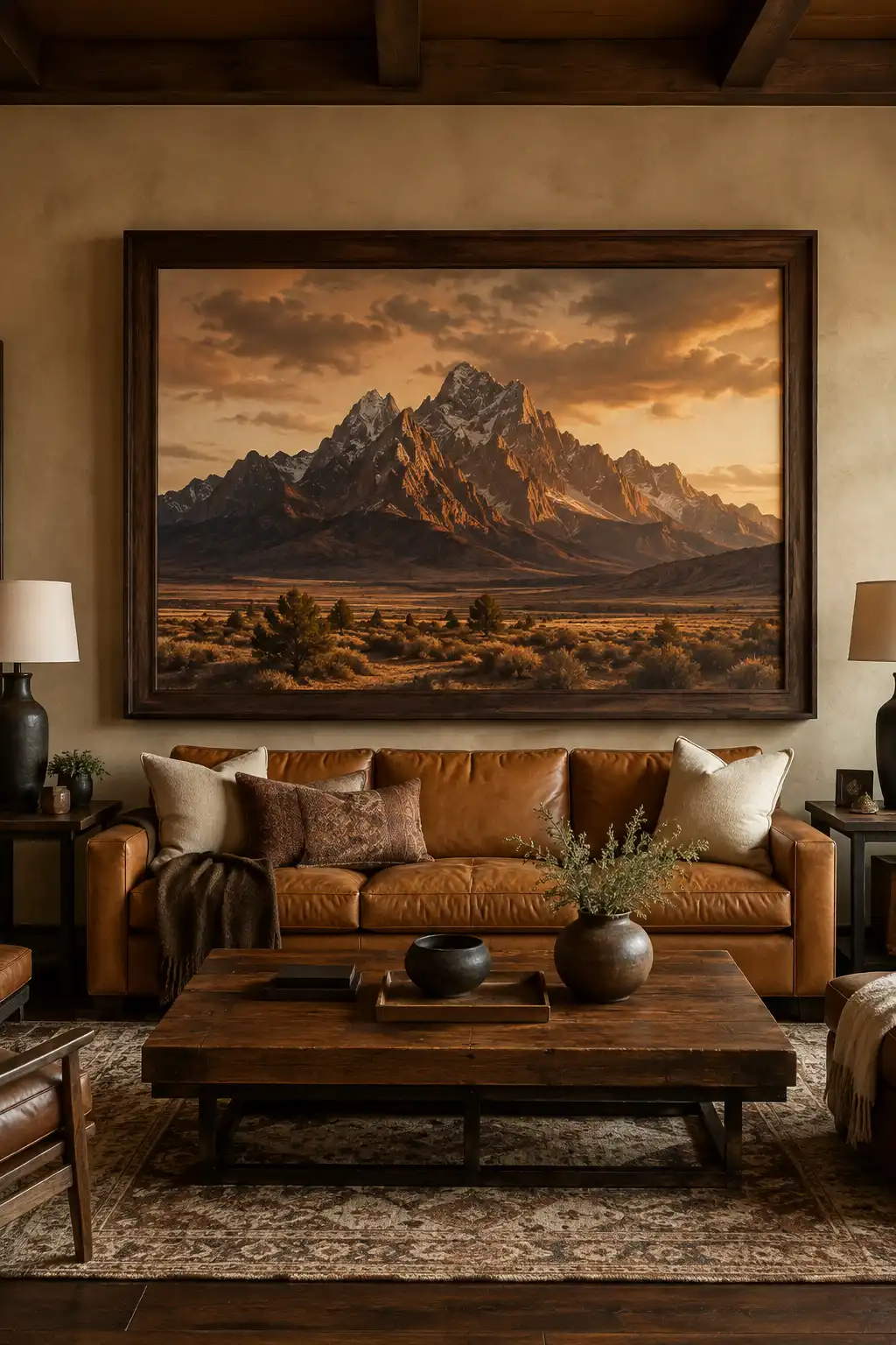Luxury Western living room featuring an oversized framed desert mountain landscape painting above a large cognac leather sofa, substantial dark wood coffee table, earthy patterned cushions, warm cream walls, exposed timber ceiling beams, textured area rug, dark hardwood flooring, ceramic accents, and refined modern ranch home decor.
