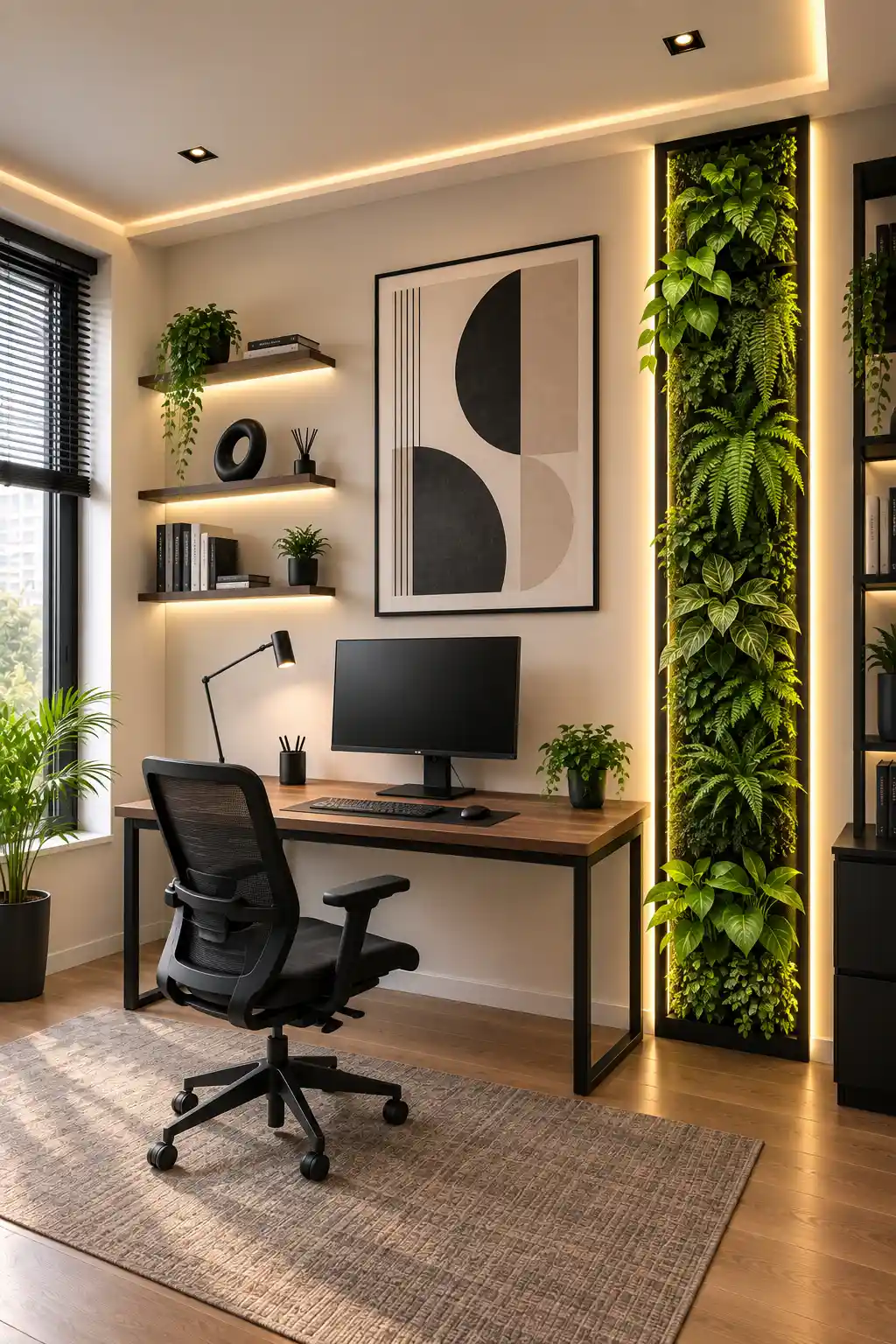 Modern small office featuring a slim vertical green wall filled with layered leafy plants and ferns inside a tall black architectural planter frame, surrounded by warm integrated LED lighting, contemporary walnut desk, ergonomic black mesh chair, minimalist monitor, geometric wall artwork, floating shelves with modern accessories, neutral textured rug, wood flooring, and stylish contemporary office decor.
