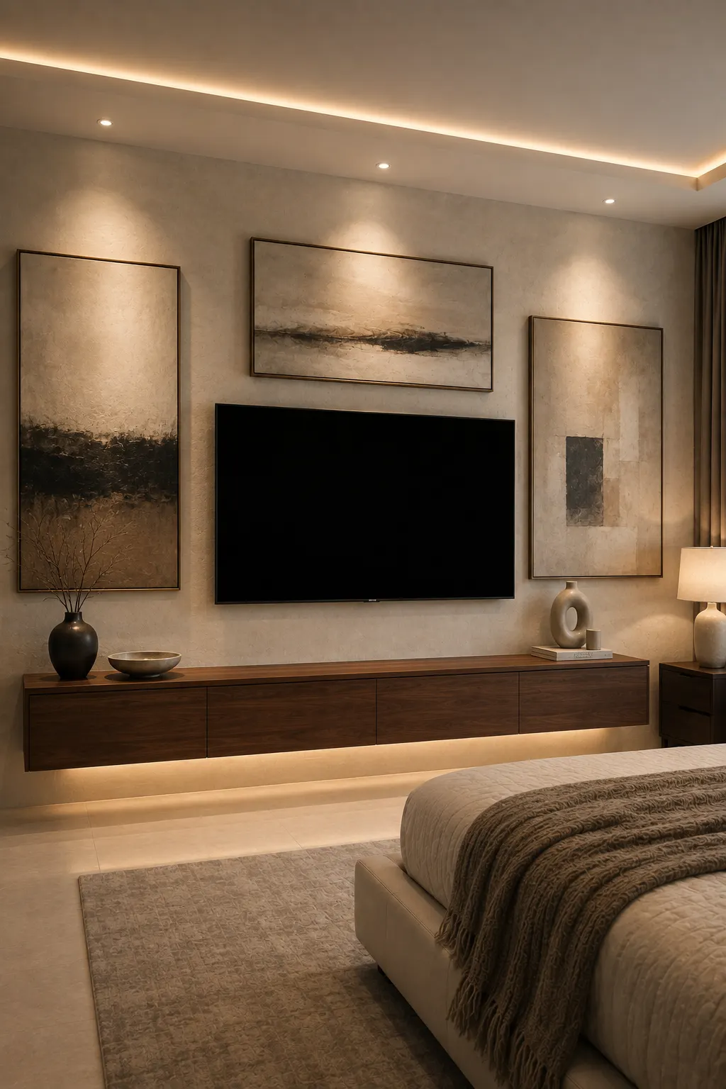 Modern couples bedroom featuring a gallery style TV wall with a large black flat screen television surrounded by three oversized neutral abstract artworks, warm beige textured wall, dark framed artwork, long walnut floating console, concealed under console lighting, soft warm illumination, neutral bedding, and elegant contemporary bedroom decor.