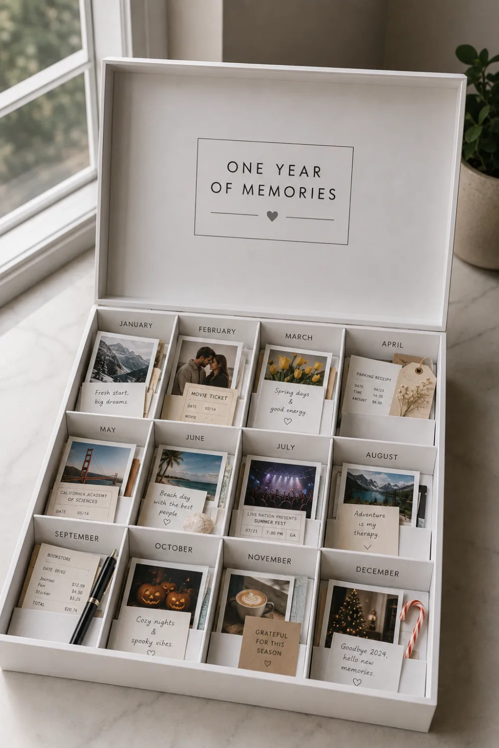 Modern one year memory box organized into twelve labeled monthly compartments from January through December, each containing photographs, handwritten notes, tickets, receipts, seasonal keepsakes, and small memories collected throughout the year