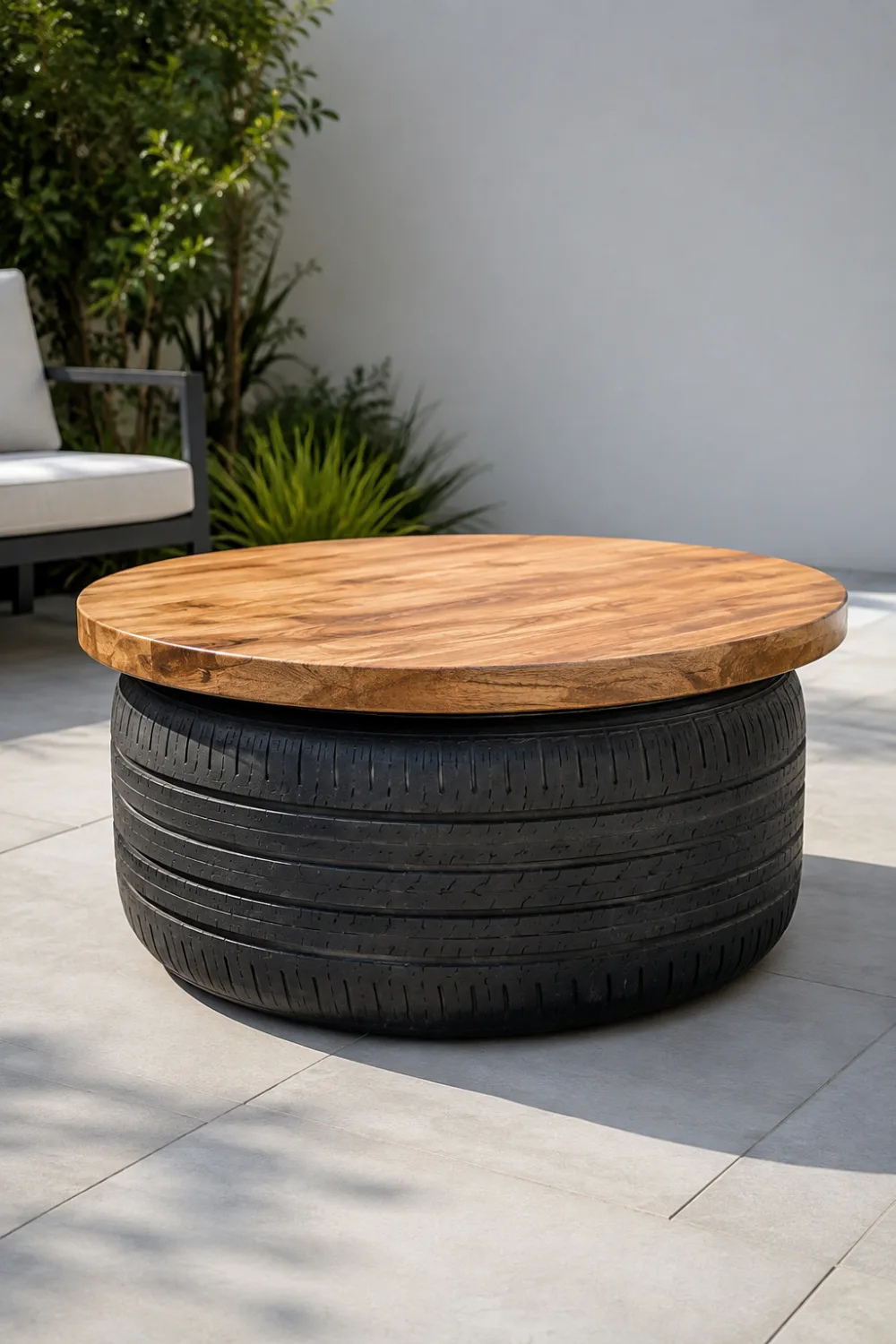 Two stacked recycled black car tires used as a sturdy outdoor coffee table base with a thick round natural wood tabletop, positioned on a modern patio with surrounding garden greenery