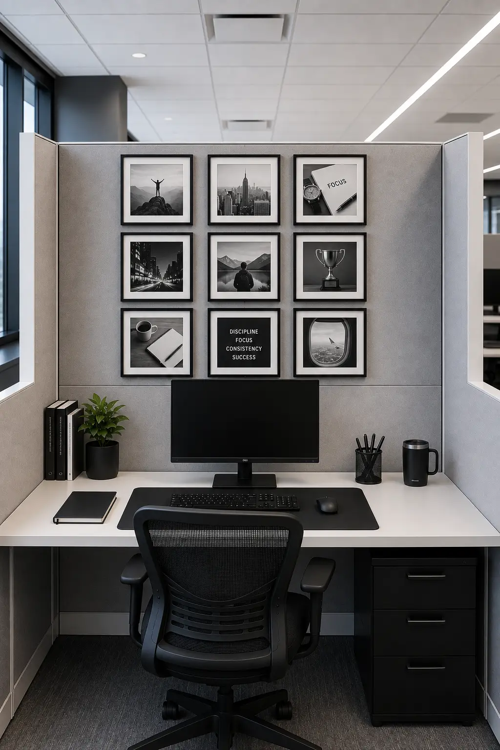 Professional cubicle featuring a sophisticated nine-piece black-and-white motivational photo gallery arranged in a precise three-by-three grid above the workstation. The gallery combines inspiring landscapes, city photography, productivity imagery, achievement symbols, and minimalist typography. Below it is a clean white desk with a centered computer monitor, black ergonomic office chair, black desk accessories, notebook, small indoor plant, and storage drawers. The full cubicle is captured in a straight-on view with a refined monochrome palette designed for a stylish and motivating office.