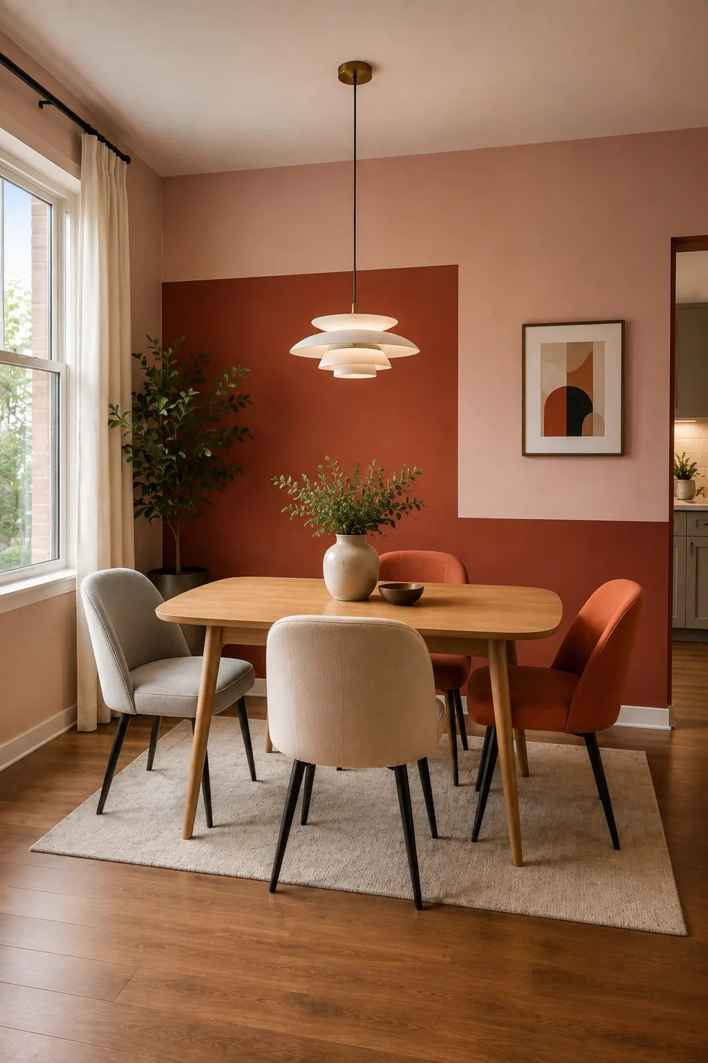 Small modern dining room featuring a light natural wood dining table, mixed cream and terracotta upholstered dining chairs, a dramatic color blocked wall combining soft blush pink and deep terracotta, sculptural layered white pendant light, contemporary abstract artwork, large window with natural daylight, neutral area rug, warm wood flooring, and stylish compact home décor.