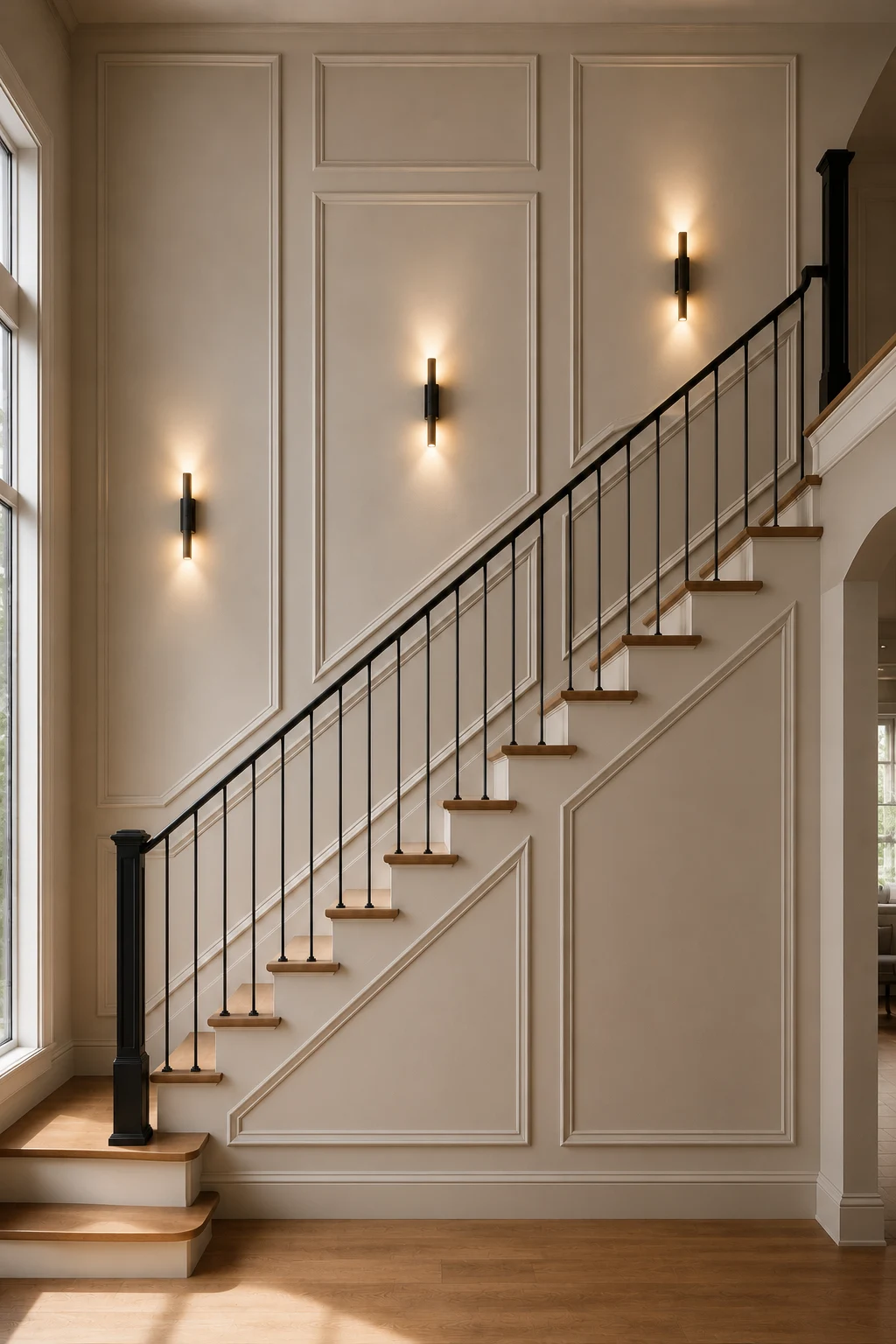 Elegant staircase wall paneling with integrated lighting featuring tall cream picture frame molding, slim black wall sconces centered inside the panels, warm oak stair treads, white risers, and a black metal railing creating a softly illuminated architectural staircase feature.