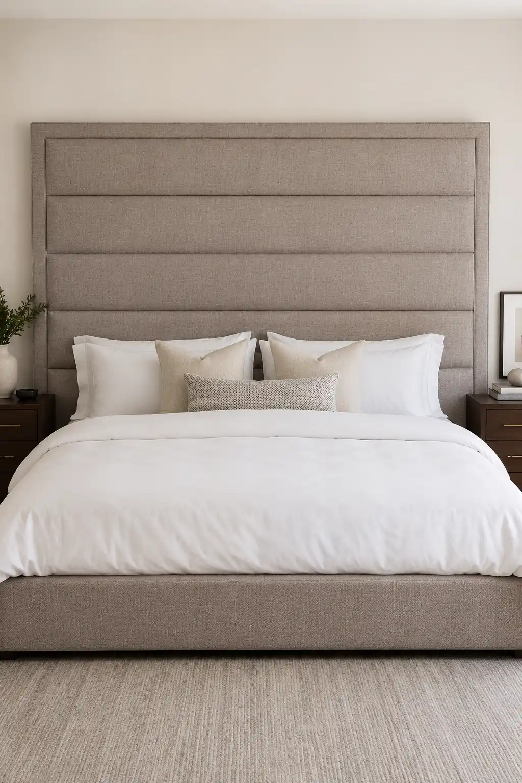 Large DIY horizontal upholstered headboard featuring multiple long padded sections arranged in clean horizontal rows, creating a tailored and luxurious contemporary bedroom focal point. The headboard is covered in a sophisticated light greige textured fabric with subtle seams dividing each padded panel and a wide rectangular border around the installation. It extends substantially beyond the mattress on both sides and rises high behind the pillows. The centered upholstered bed features crisp white bedding, layered white and cream pillows, a textured neutral lumbar cushion, matching beige upholstered frame, dark wood nightstands, simple modern lamps, and a soft neutral carpet. The complete headboard is photographed directly from the front, showing its full width, height, upholstery texture, horizontal divisions, and clean architectural proportions.