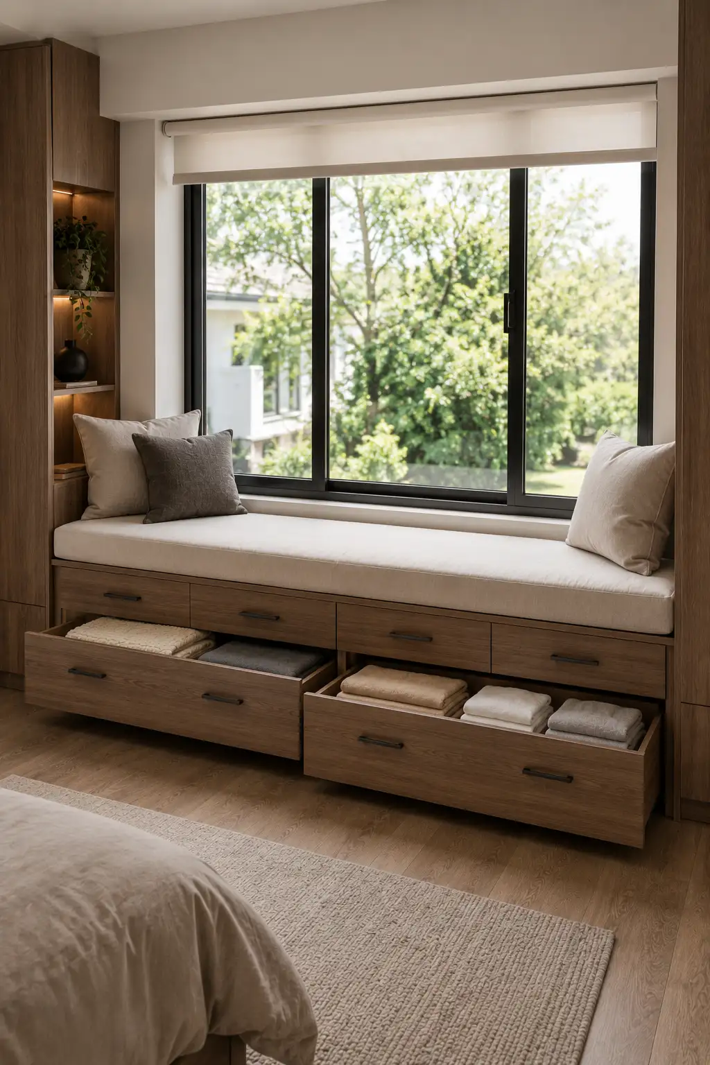 Modern small bedroom featuring a built-in window seat beneath a large contemporary window, with a comfortable upholstered bench and multiple deep storage drawers underneath. Open drawers reveal neatly folded blankets, bedding, towels, and clothing, creating useful bedroom storage without sacrificing the window or valuable floor space.