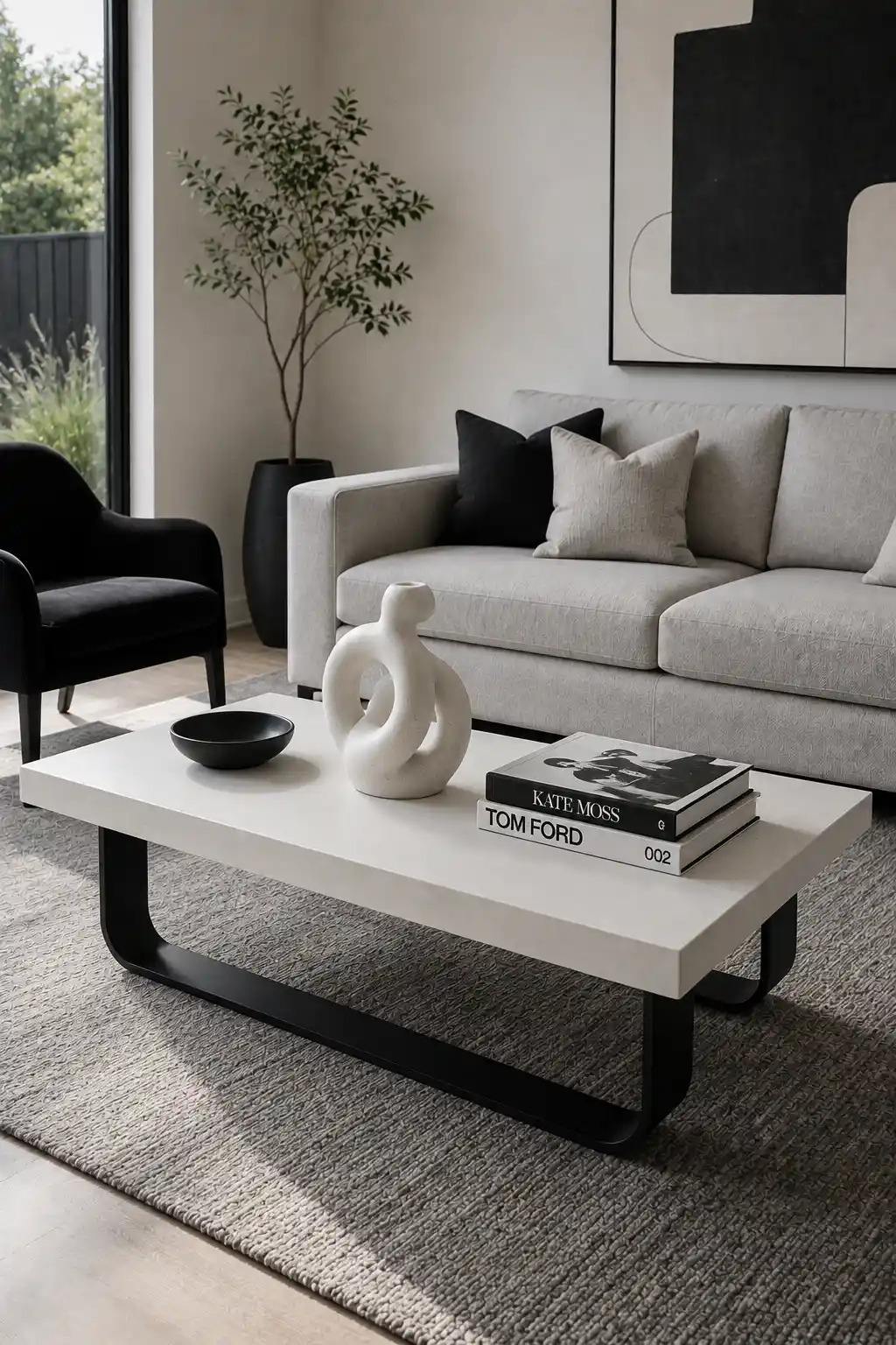Modern white rectangular coffee table with a sculptural ivory abstract ceramic centerpiece, a matte black decorative bowl, and stacked black and white coffee table books, set against a sophisticated contemporary living room with a cream sofa, black accent chair, neutral textured rug, minimalist artwork, and natural greenery.