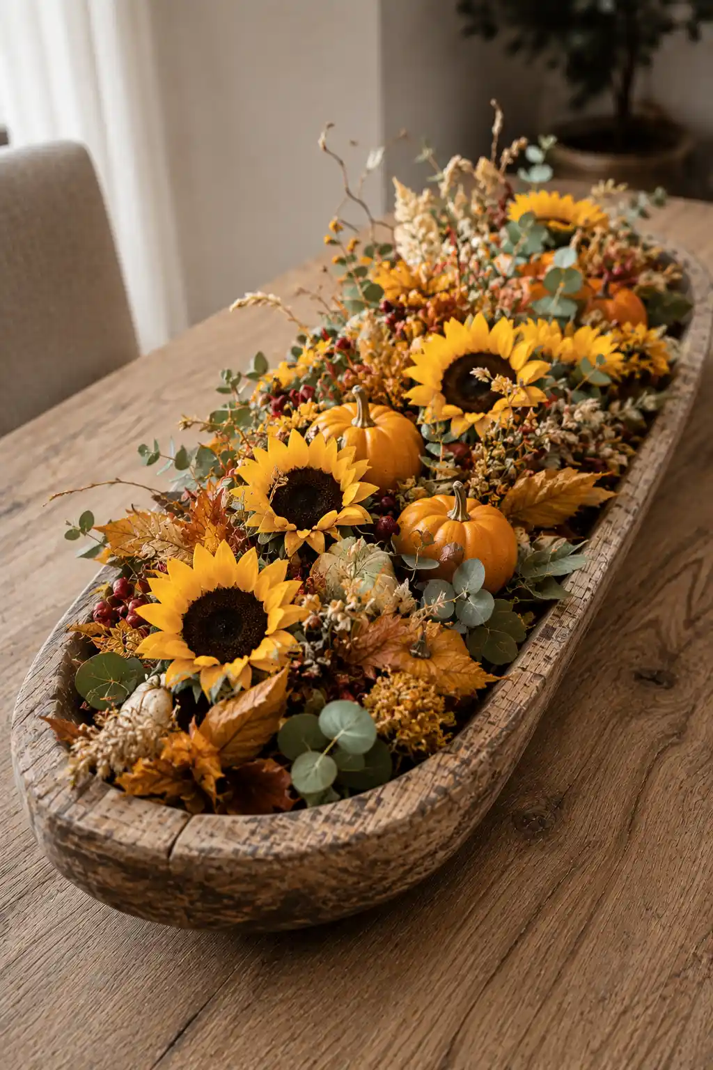 Large rustic wooden dough bowl overflowing with bright golden sunflowers, miniature orange and cream pumpkins, eucalyptus leaves, dried grasses, golden autumn leaves, red berries, delicate branches, and natural harvest foliage arranged across a warm wooden dining table for a cheerful fall centerpiece.