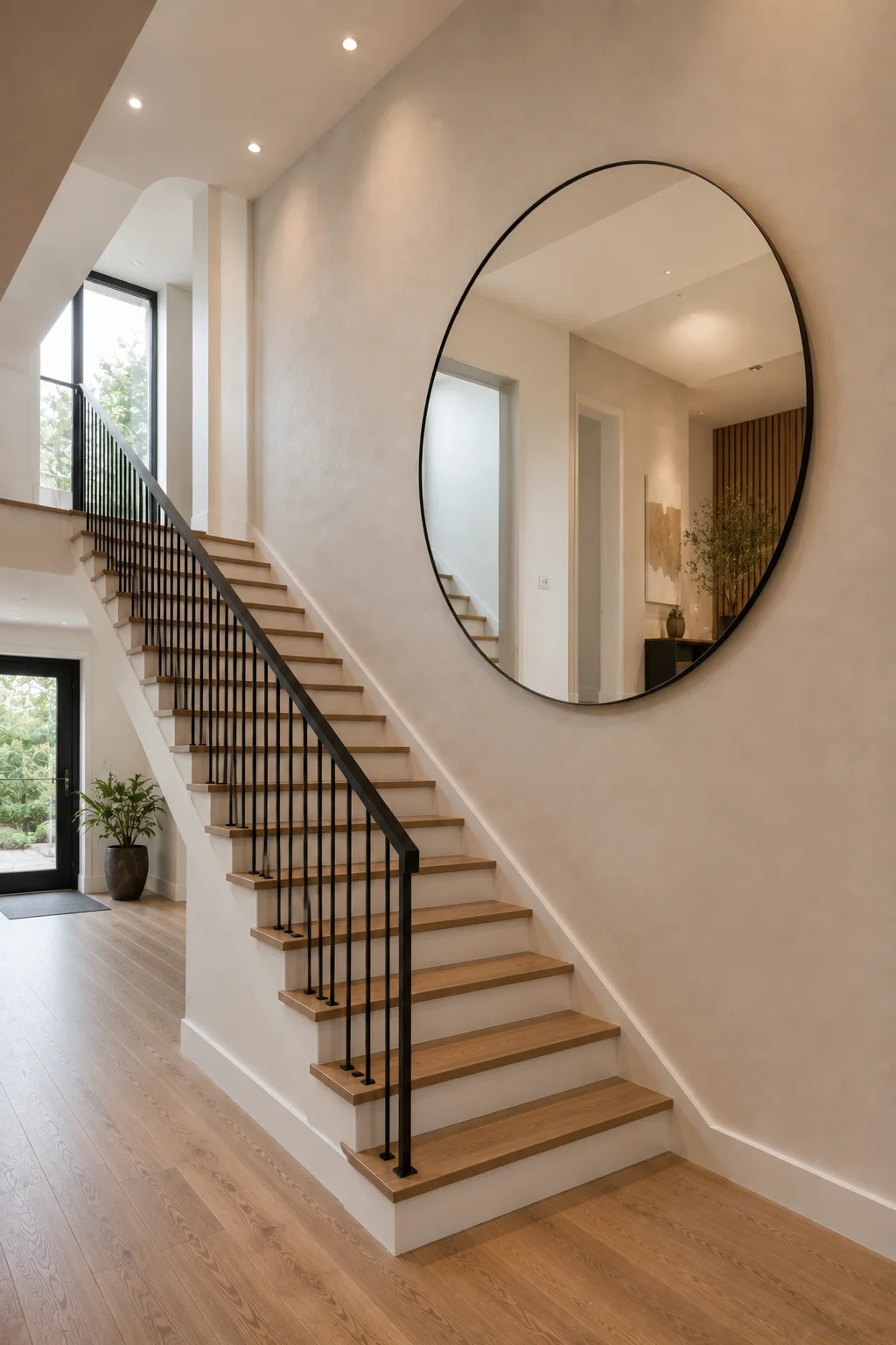 Modern staircase wall featuring an oversized round mirror with a thin matte black frame mounted prominently on a warm textured neutral wall. The large circular mirror reflects the bright hallway and architectural details, adding depth and natural light beside the warm oak stairs, black railing, recessed ceiling lights, and contemporary entryway.