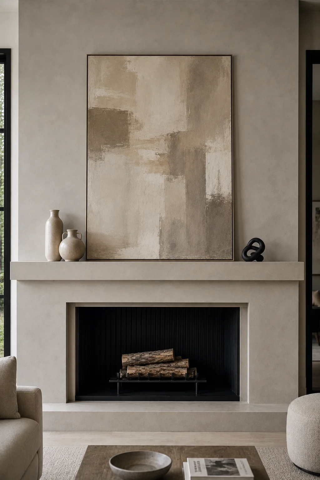 Contemporary beige fireplace mantel styled with a large oversized neutral abstract painting in cream, taupe, beige, gray, and muted brown tones. Two different cream ceramic vessels are grouped on the left side of the mantel, while a small rounded black sculptural object balances the composition on the opposite side. The clean fireplace surround frames a deep black firebox with natural logs, complemented by neutral seating, warm textured flooring, and understated modern living room decor.