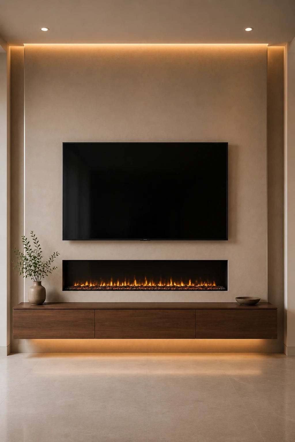 Warm taupe contemporary TV wall featuring a large black flat screen television positioned above a slim horizontal linear electric fireplace, long rich walnut floating media console, smooth taupe architectural wall finish, subtle recessed lighting along the upper wall and beneath the console, realistic fireplace flames, neutral flooring, minimal ceramic décor, and sophisticated modern living room design.