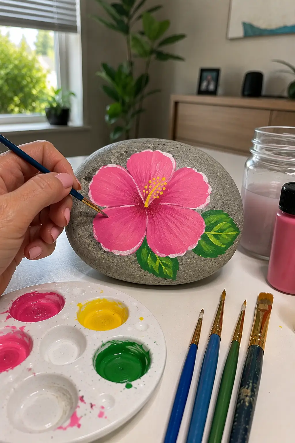 Tropical hibiscus rock painting featuring a large vibrant pink flower with delicate petal details, a bright yellow center, and layered green leaves painted across a smooth gray stone, with a hand carefully adding pink paint beside an acrylic palette, brushes, and colorful paint bottles on a bright home craft table.