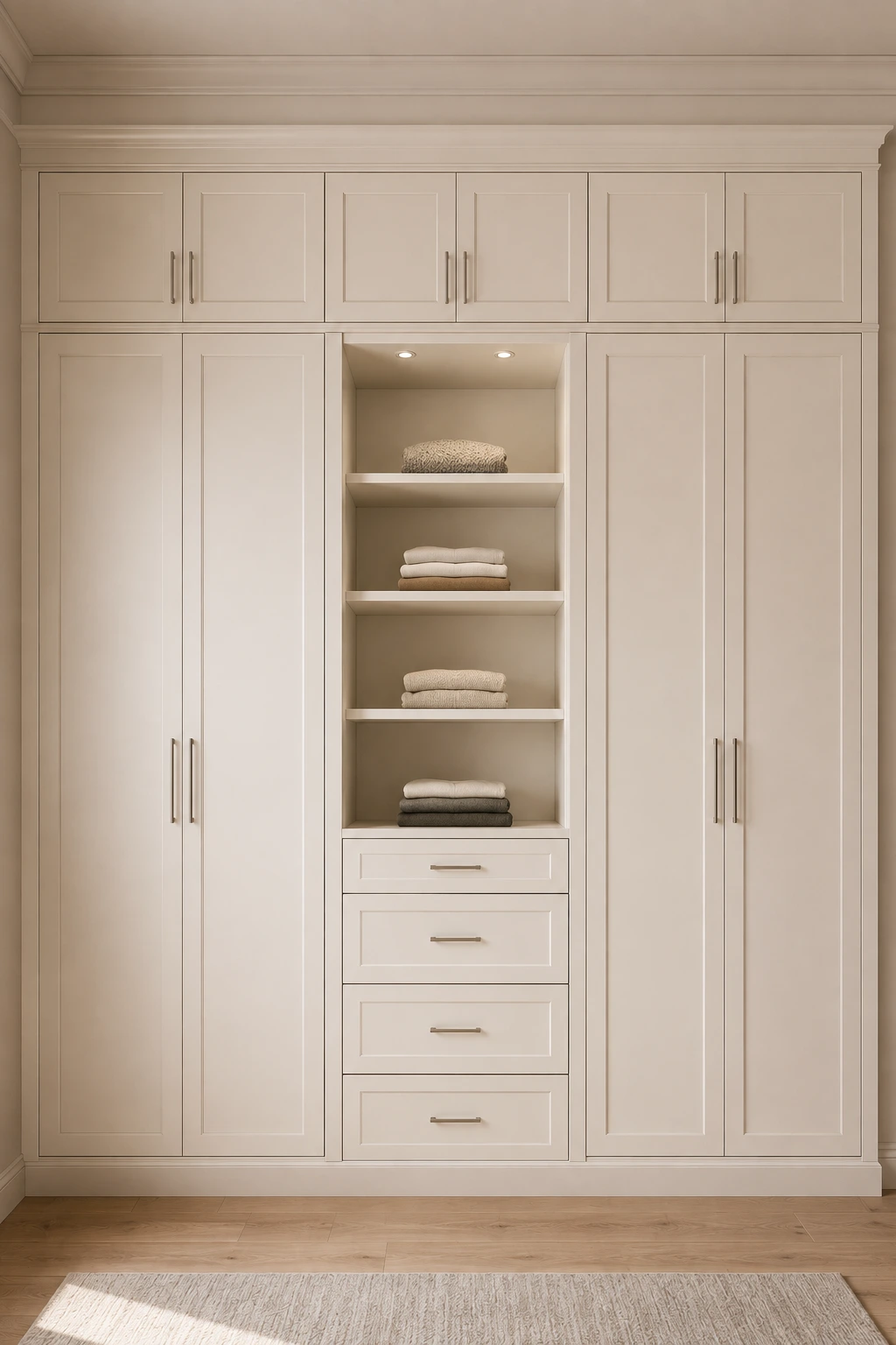 Refined full-wall IKEA closet featuring tall cream paneled cabinets, a central open shelving section, multiple illuminated shelves, neatly folded neutral clothing, decorative storage baskets, lower built-in drawers, brass handles, classic crown molding, warm interior lighting, natural wood flooring, and a neutral rug for organized custom wardrobe storage.
