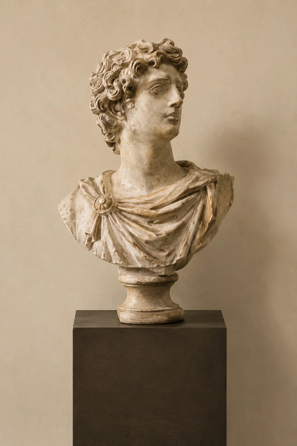 Classical stone bust with detailed carved features and a softly aged ivory finish displayed on a sharp charcoal contemporary plinth, creating an elegant sculptural focal point against a warm neutral modern interior wall.