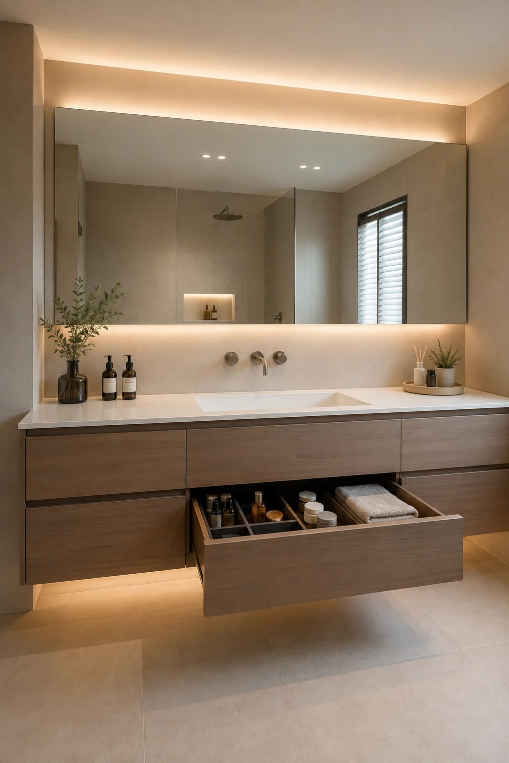 Modern bathroom vanity storage featuring a wide deep drawer pulled open beneath a floating wood vanity, with built in compartments neatly organizing skincare products, grooming essentials, small bottles, folded hand towels, and everyday toiletries.