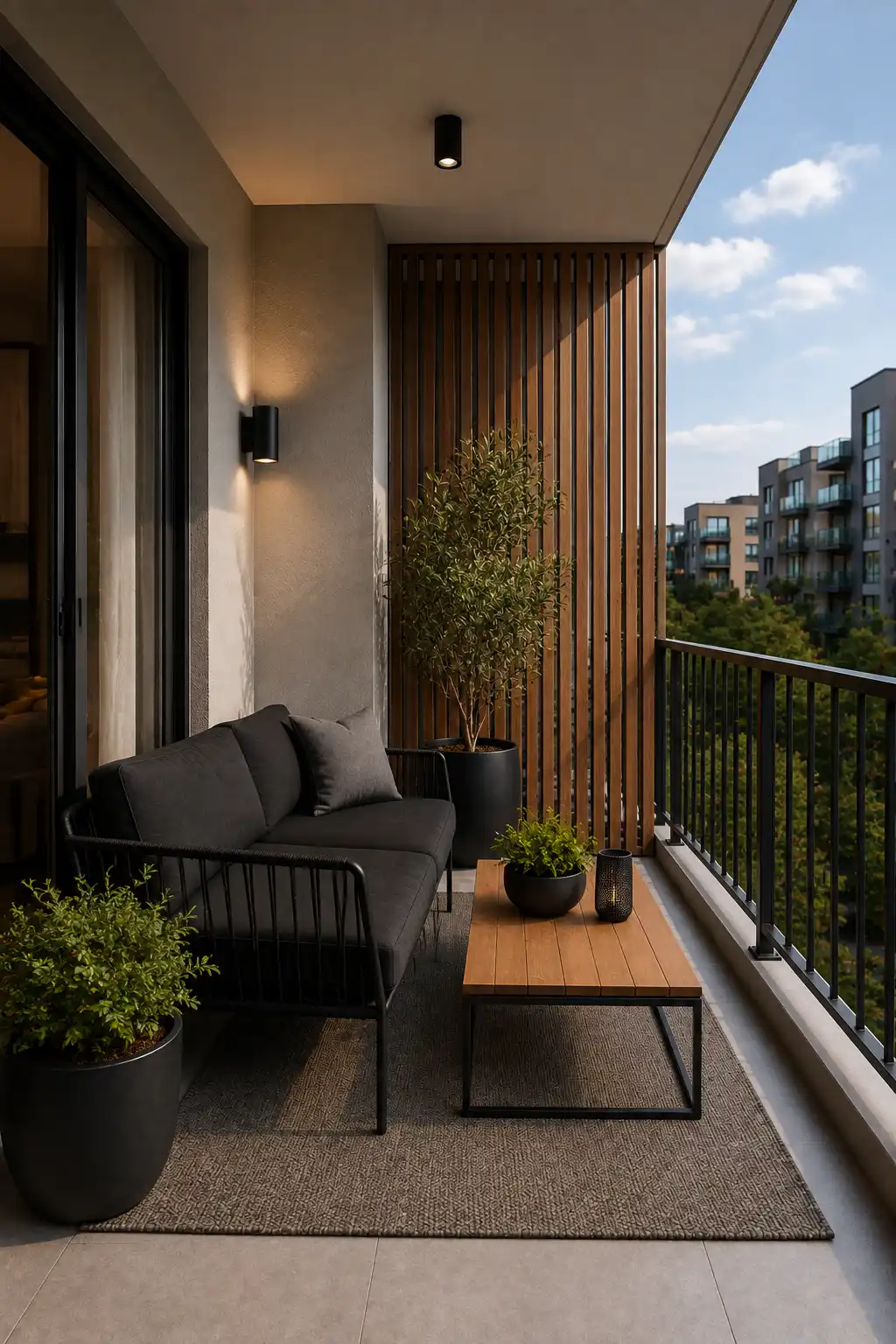 Contemporary apartment balcony featuring a warm walnut vertical slatted privacy screen as the main architectural feature. A dark modern outdoor sofa, black coffee table, large planters, neutral textured rug, and clean glass railing create a sophisticated private balcony lounge with natural wood tones and a polished urban apartment setting.