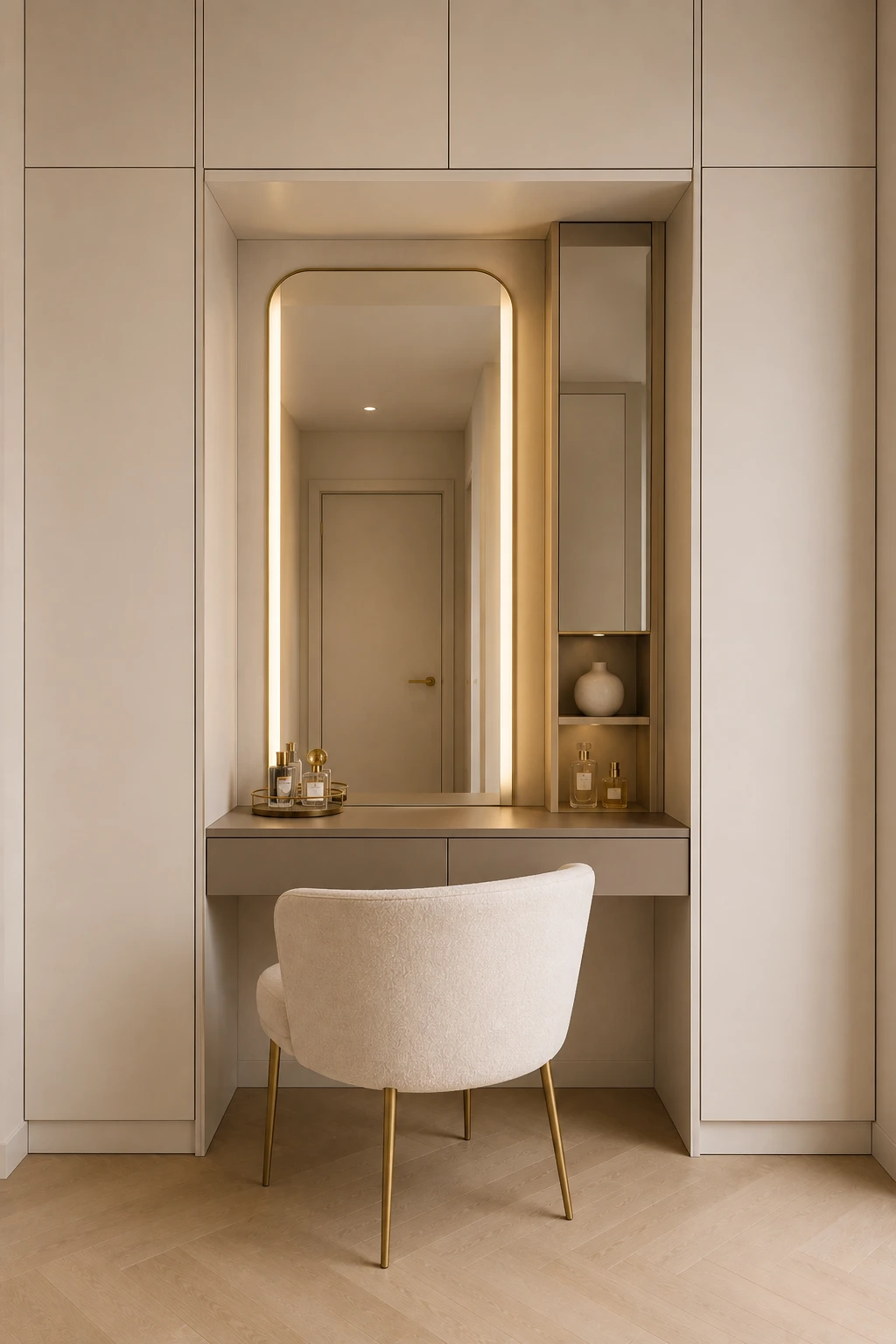 Compact built in vanity tucked into a full wall of custom warm ivory cabinetry, featuring a recessed vanity niche, tall illuminated rounded rectangular mirror with integrated warm LED lighting, slim champagne gold mirror trim, a taupe vanity countertop with seamless handleless drawers, narrow open shelving beside the mirror displaying elegant perfume bottles and a small ceramic vase, a plush cream upholstered vanity chair with slim champagne gold legs, light beige flooring, concealed storage, and a clean modern layout that maximizes a small space while maintaining a spacious luxury aesthetic.
