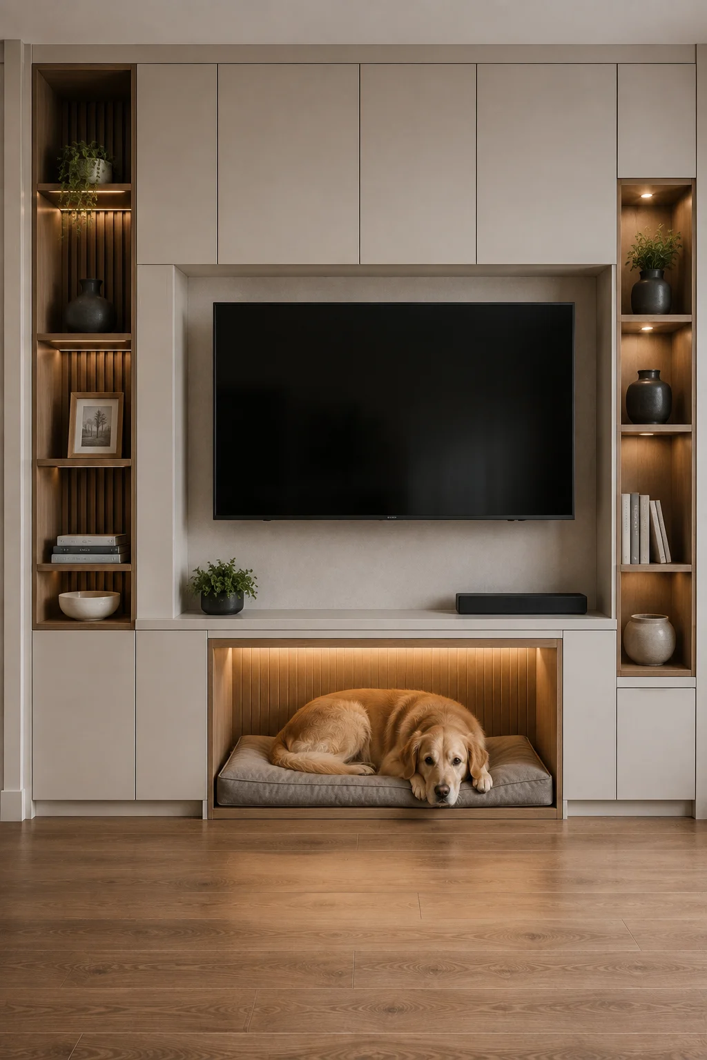 Modern dog nook integrated into the bottom of a contemporary media wall, featuring a recessed sleeping area beneath a wall mounted television, a golden retriever resting on a thick neutral cushion, warm vertical wood paneling, built in cream cabinetry, illuminated side shelving, decorative objects, hidden pet storage, and a clean sophisticated living room design.