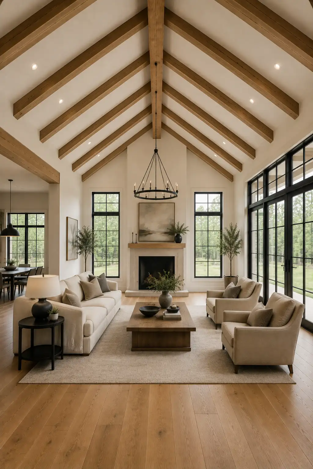 Bright modern rustic living room featuring slim natural oak ceiling beams evenly spaced across a high white vaulted ceiling, with a central ridge beam, black framed windows, circular chandelier, cream seating, modern fireplace, and warm wood flooring.
