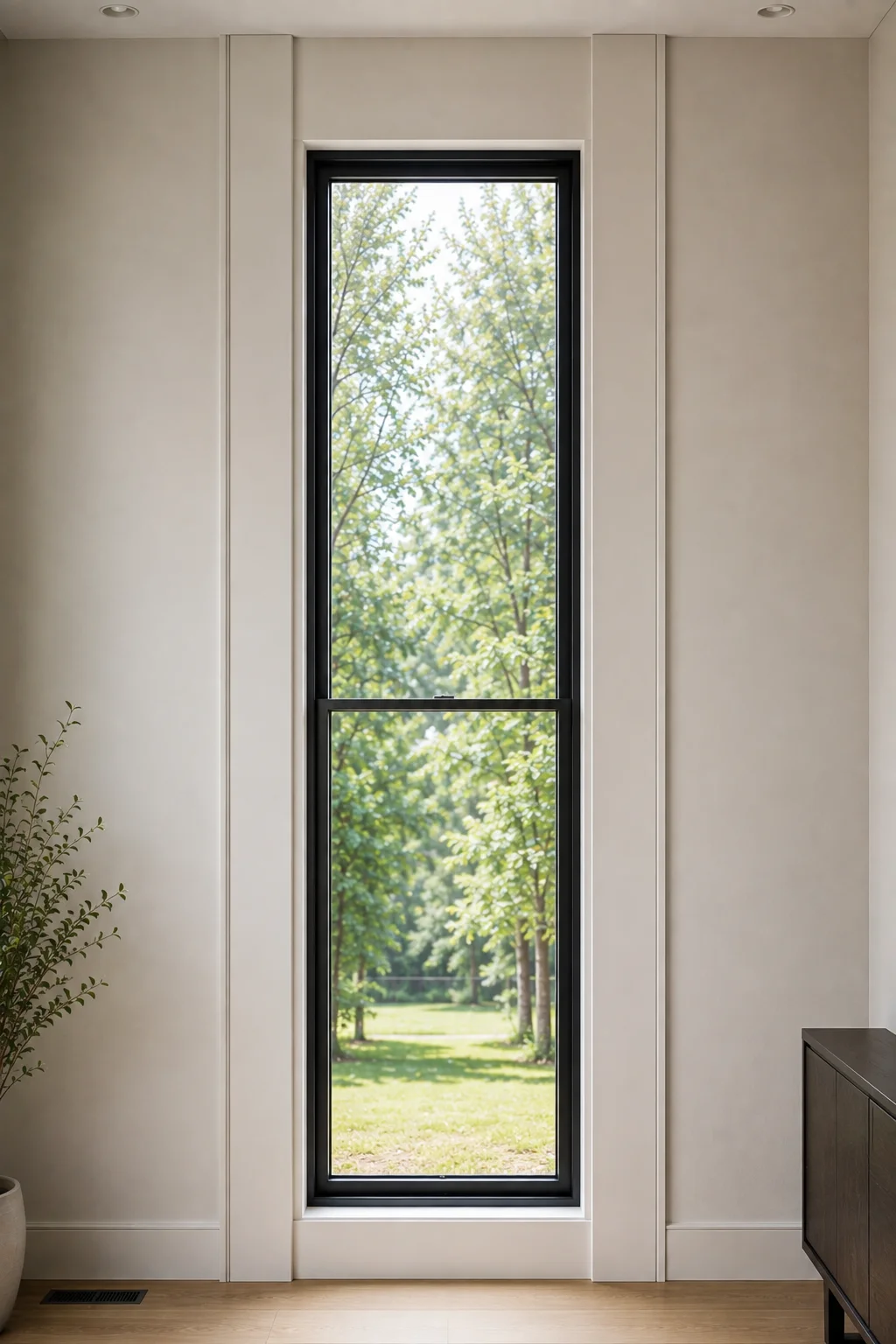 Floor to ceiling window trim featuring long vertical white casing extending beside a narrow black framed window from the floor toward the ceiling. The elongated architectural lines emphasize the height of the window and create a dramatic yet refined contemporary feature on a soft neutral wall.