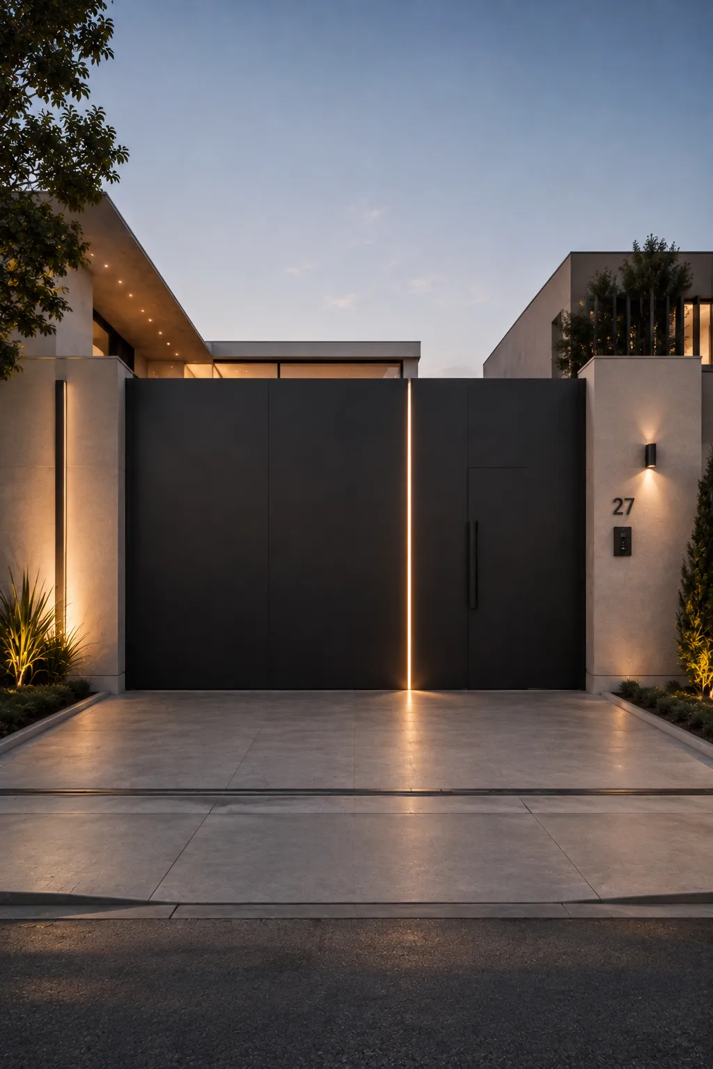 Modern black entrance gate design featuring smooth matte graphite privacy panels with a narrow recessed vertical LED light, concealed pedestrian access, warm architectural wall lighting, pale rendered boundary walls, minimal house numbers, landscaped edges, and a spacious paved driveway for a dramatic contemporary entrance.